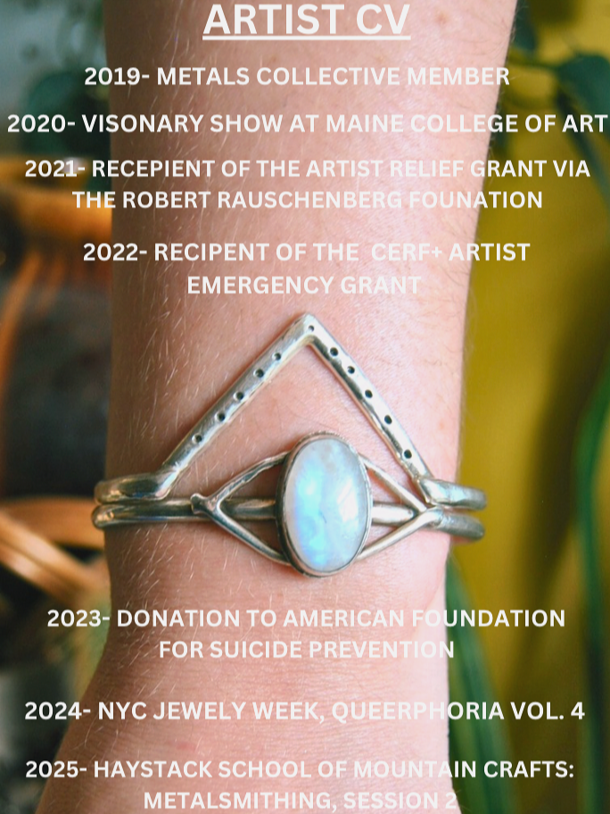 Close-up of a person's wrist wearing a silver bracelet with an opal stone, overlaid with an artist CV listing achievements from 2019 to 2025.