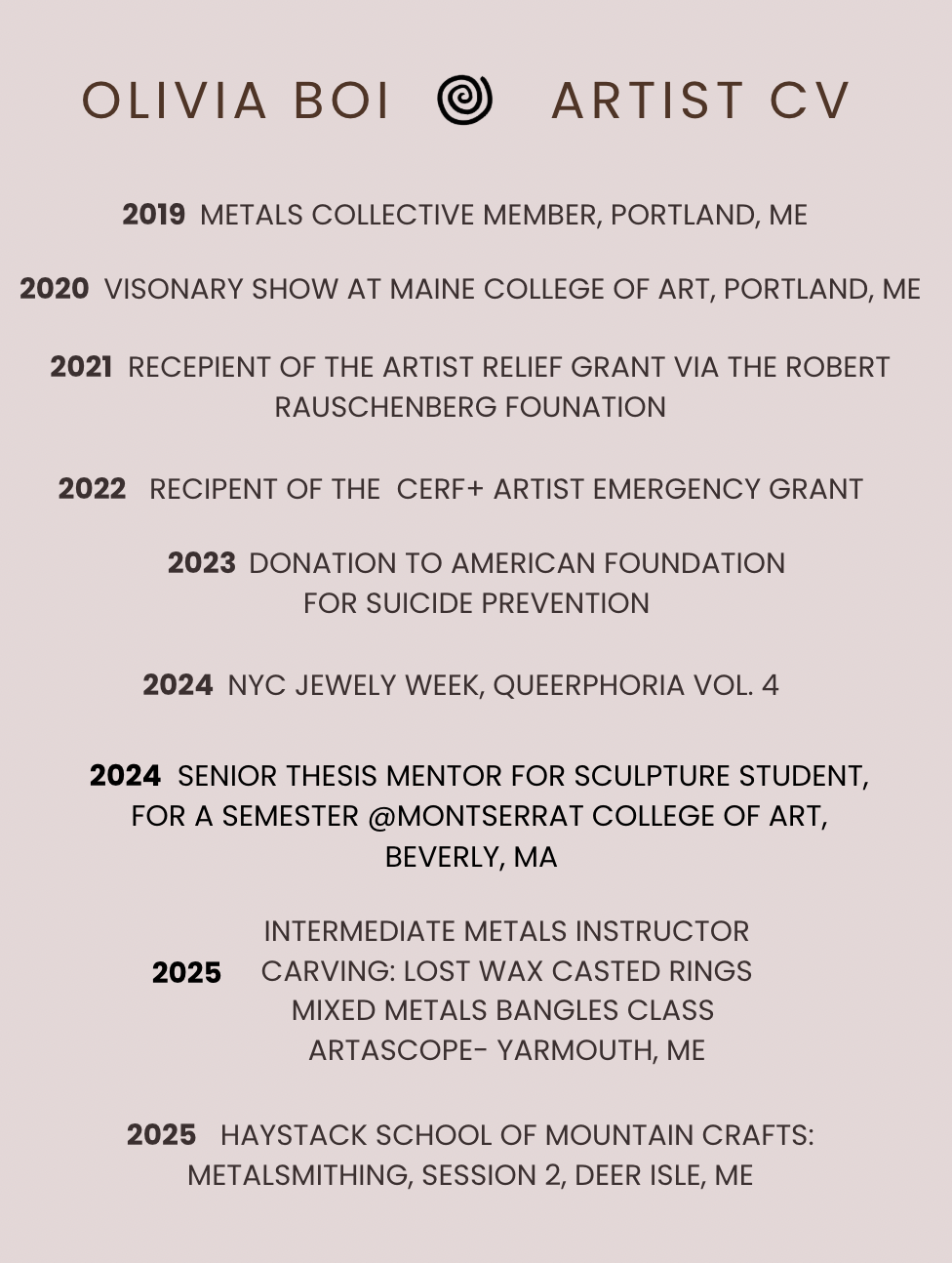 A professional artist's resume displaying name Olivia Boi, contact info, and career achievements from 2019 to 2025, including art shows, grants, donations, mentorship, and workshops related to metalsmithing and sculpture in Portland, Maine, and Beverly, Massachusetts.