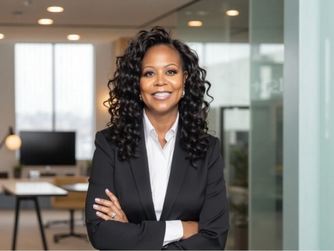 A professional African American woman with curly black hair, wearing a black blazer and white blouse, standing with arms crossed in a modern office with large windows and computers in the background.