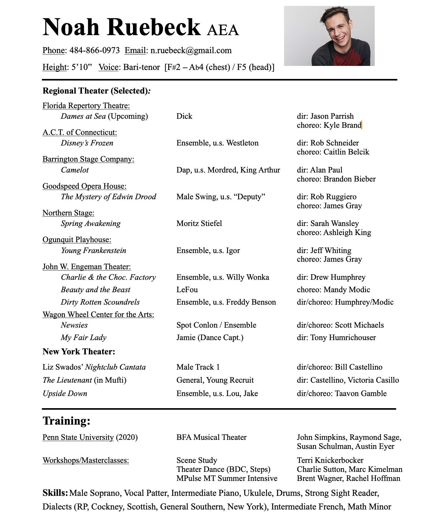 Noah Ruebeck resume describing where and with whom he has worked