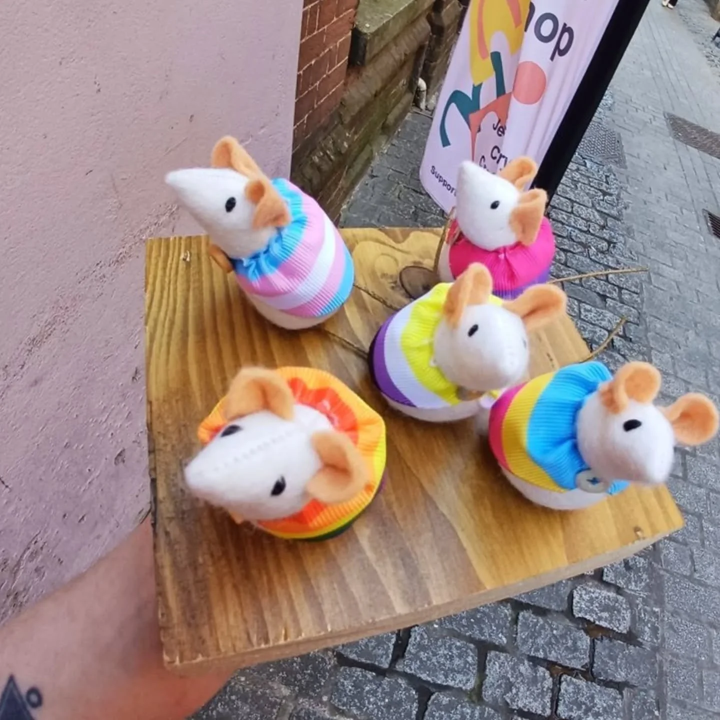 What did you do at work today? We photographed teeny handmade pride edition mice... 

New stock now in @makermart_exeter! Find them on the shelves qlong with all the other gorgeous mice made by @wagtailtoymakers

#independentshop
#exeterphoenix 
#pri