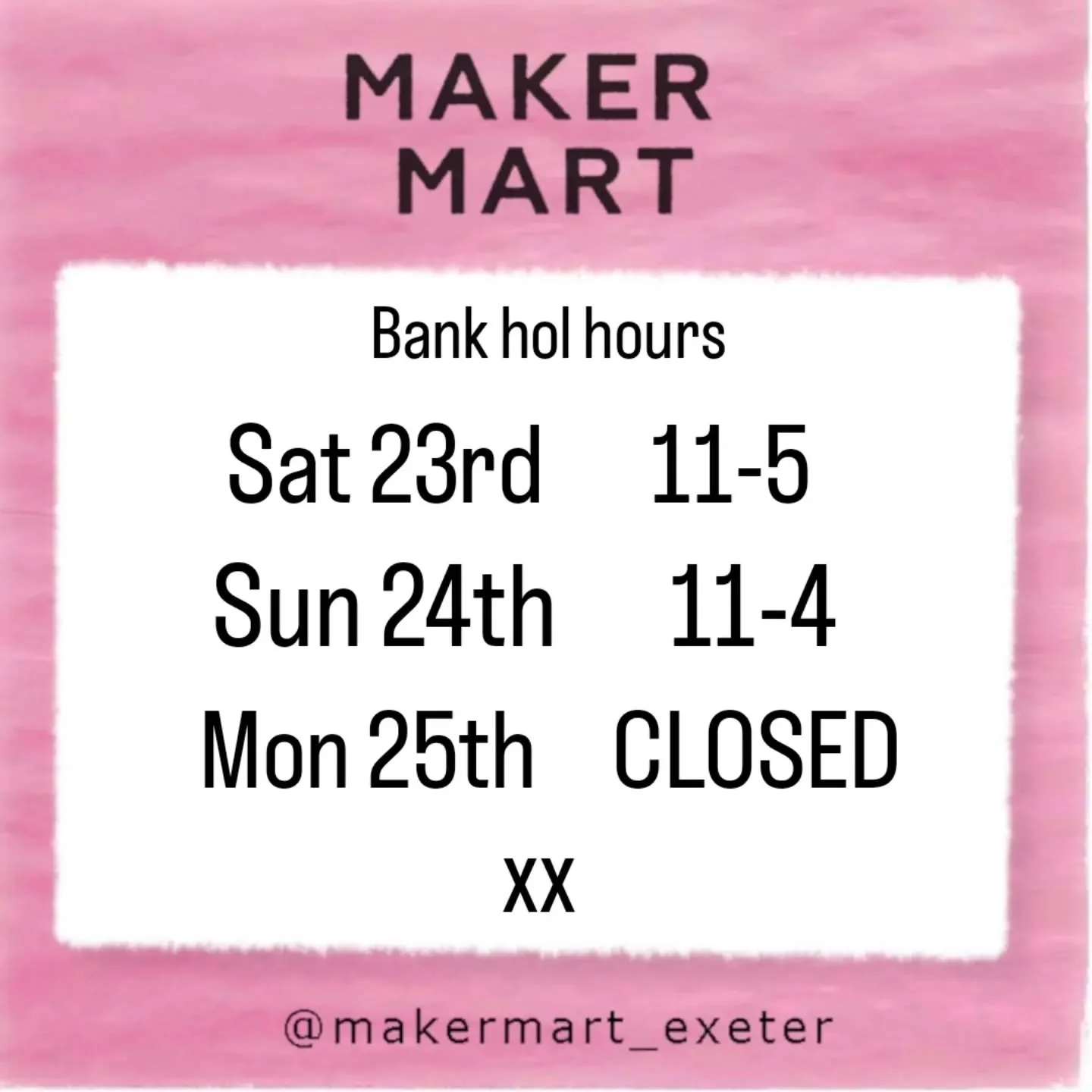 May bank hol opening hours. We're open as usual Sunday so swing by 😊

#makermartexeter 
#exeterindependent 
#gandystreetexeter 
#exeterbusiness