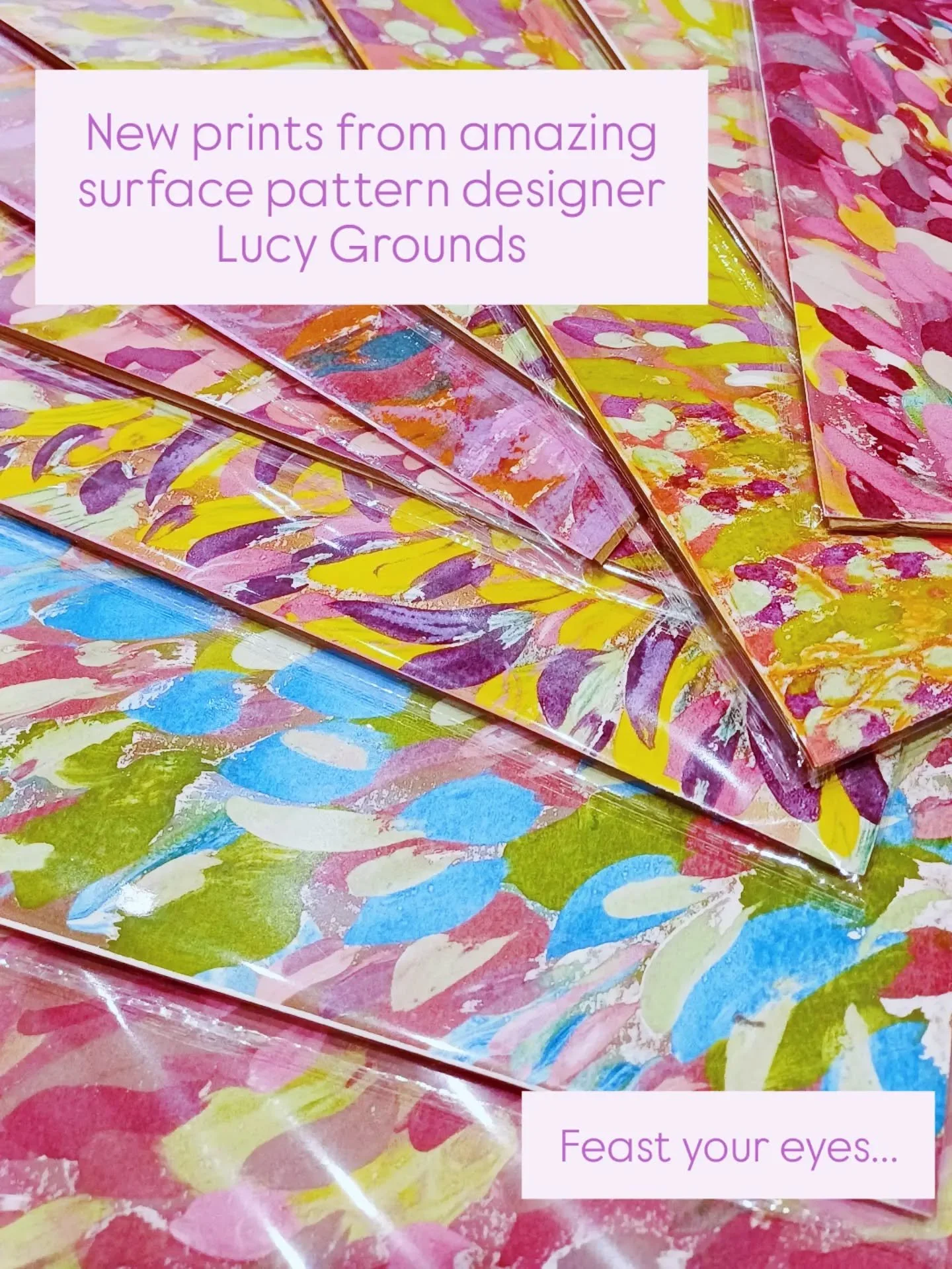 Welcome @lucygrounds, it's a delight to have your prints in the Mart! 

Lucy is a talented surface pattern designer and artist, using screen printing and hand painting to create wild, colourful and deeply textured designs. 

They are a real tasty tre