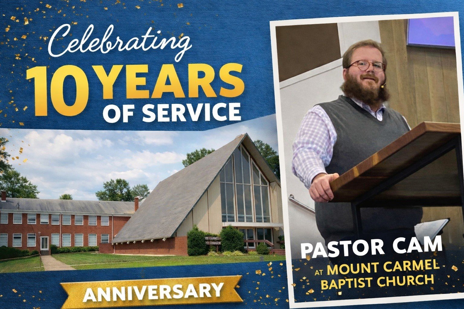 This past Sunday was a special day for our church family as we celebrated 10 years of Pastor Cam faithfully serving alongside us at Mount Carmel Baptist Church.

Pastor Cam first came to Mount Carmel as our Youth Pastor, faithfully investing in and d