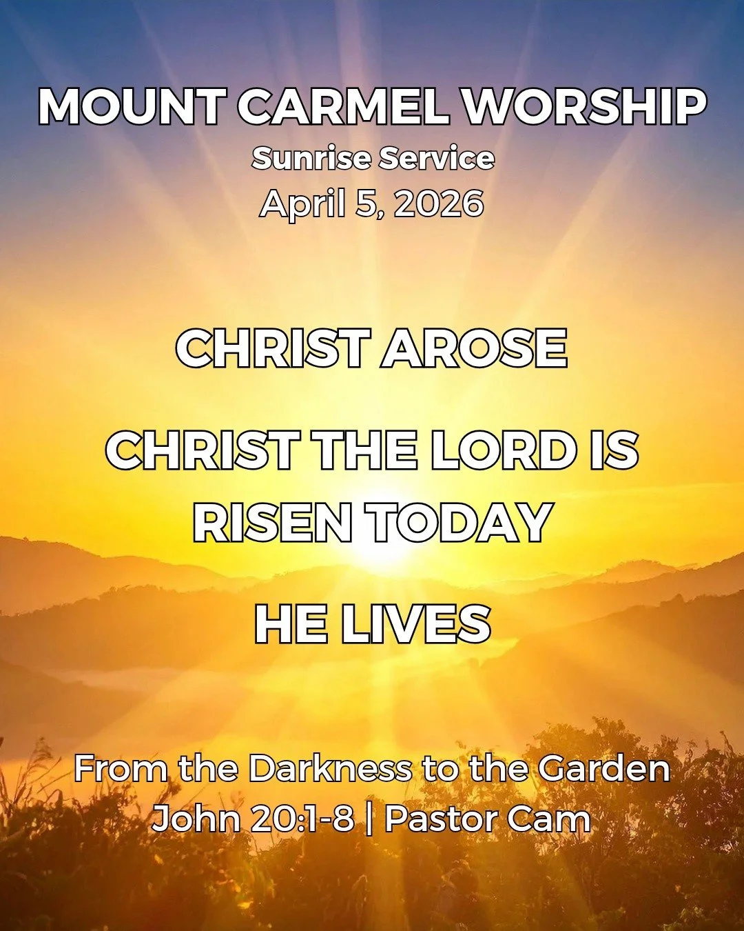 As we prepare for our Sunrise and Easter worship services, let&rsquo;s take time to quiet our hearts and fix our eyes on Jesus. 🌅✝️
Come ready to celebrate the hope we have because He is alive!