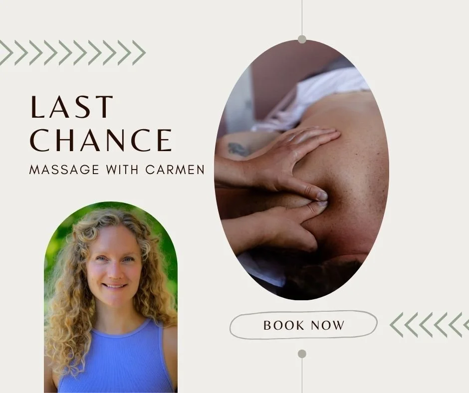 Carmen decided to spend another week in Golden before she moves on to Revelstoke for her next chapter. 
.
Luckily she has three 60 minute massage openings left this week, and they are at prime times!
.
Wednesday: 6:15pm &amp; 7:45pm
Thursday: 6:15pm
