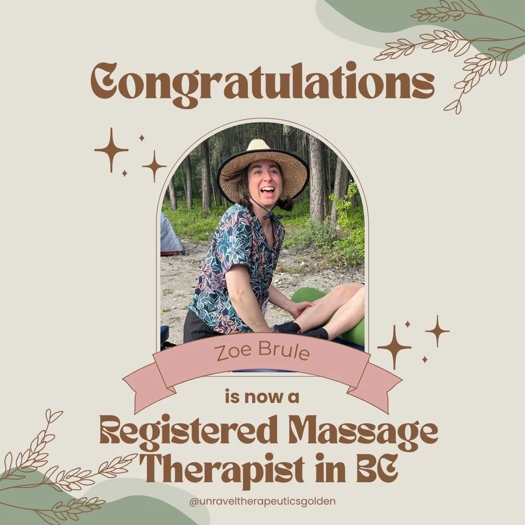 We are THRILLED to announce that @Zoebrule.rmt is officially a BC RMT!!! 
.
Her schedule is live! Find her at Unravel Therapeutics during the afternoon/evening shift Monday - Wednesday. 
.
Sooo many Congrats Zoe! You worked SOO HARD for this and we a