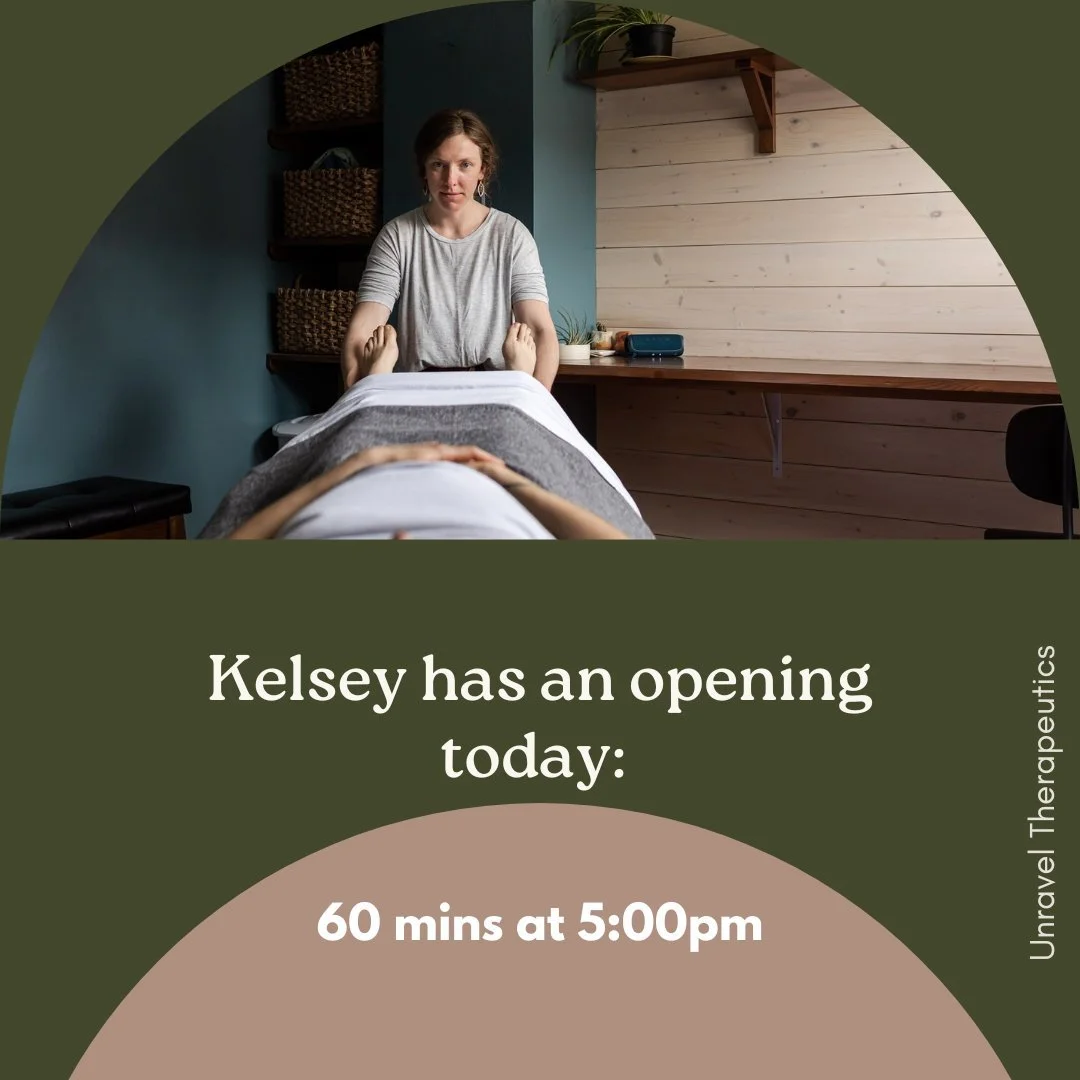 Last minute availability with @kelseyleiterman.rmt today! 

^^link in bio to book^^

#unraveltherapeutics #goldenbclife #massagetherapist #manuallymphaticdrainage #treatyourself