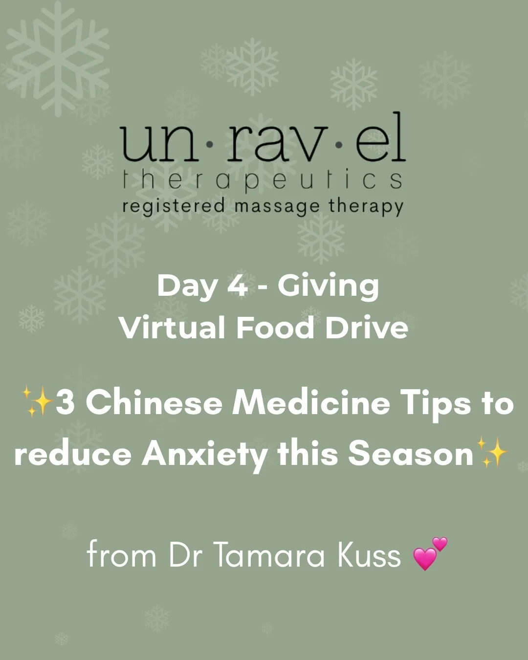 ✨ Day 4 of 6 Days of Giving Virtual Food Drive ✨

Today we&rsquo;re sharing 3 gentle Chinese medicine tips for anxiety, offered by Dr. Tamara Kuss @tamara_kuss_acupuncture_naet , to help you feel more grounded during the winter season.

Small daily r