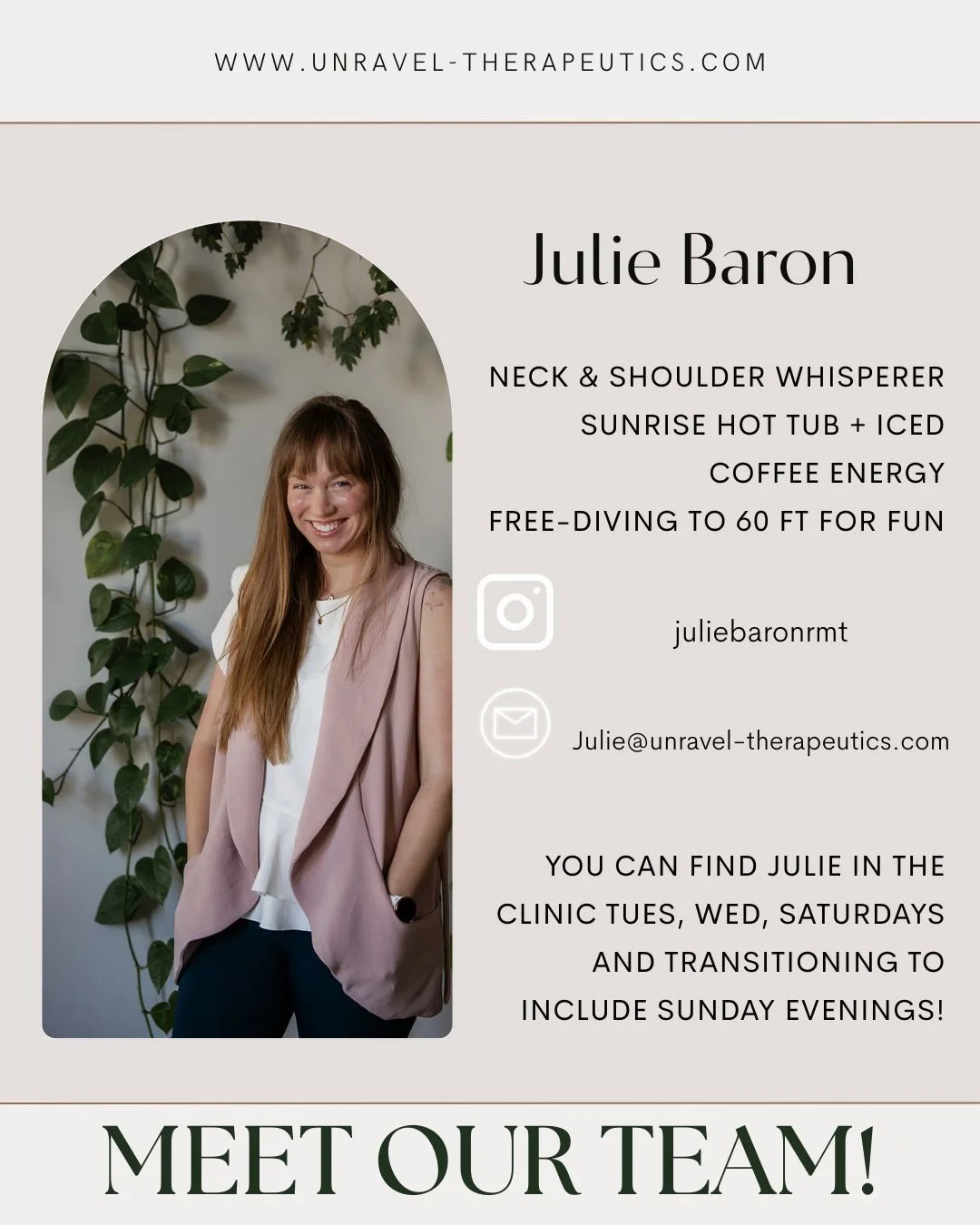 Meet Julie ✨

Julie became an RMT because she genuinely wanted to be part of the solution &mdash; helping bodies feel better, move easier, and release what they&rsquo;ve been holding onto.

She&rsquo;s especially passionate about all things neck, sho