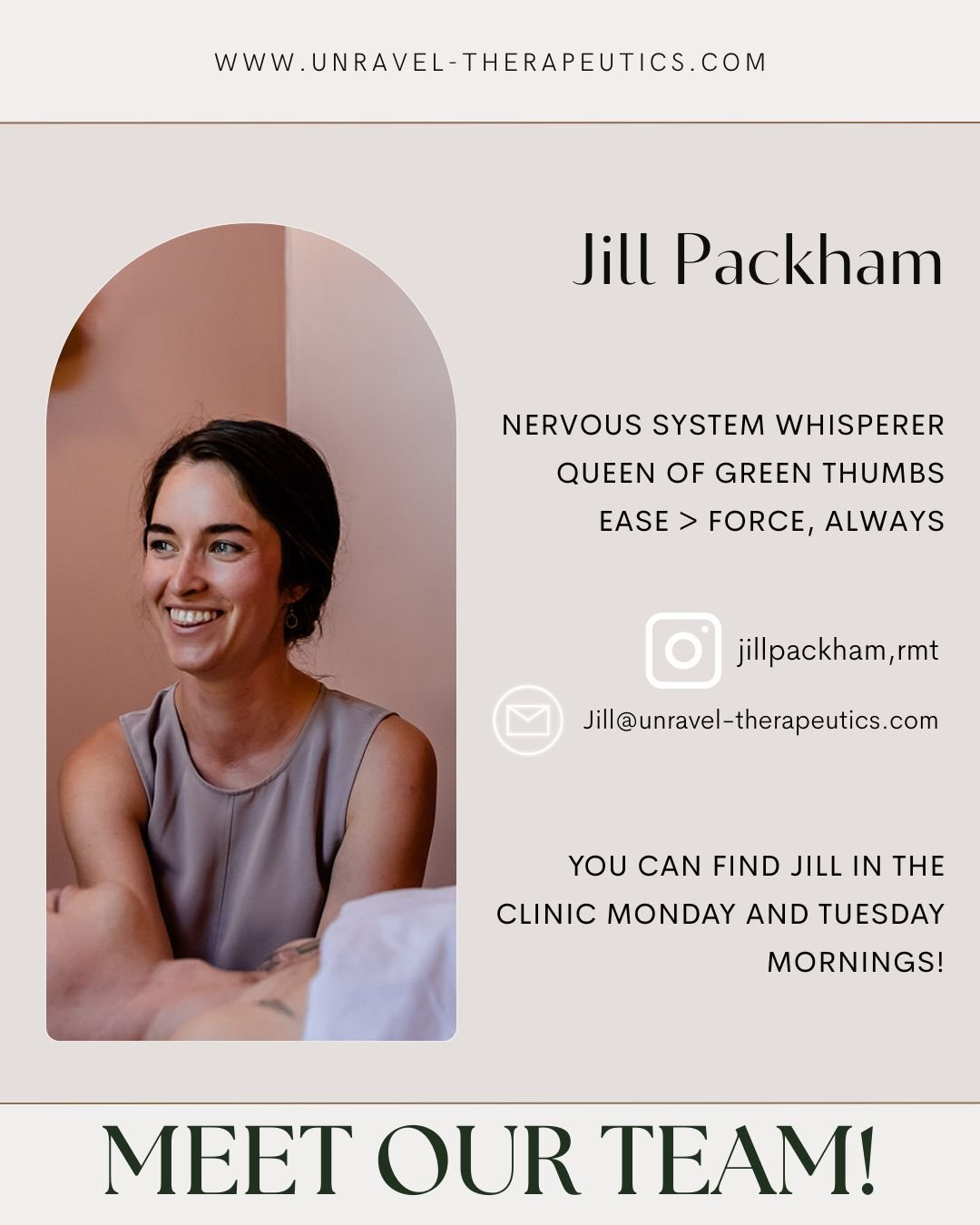 ✨ Meet Jill ✨

Jill&rsquo;s path to massage therapy began with her own experience of injury and chronic pain&mdash;and with RMTs who took the time to explain why the body responds the way it does. That curiosity stuck.

Her treatments are slow, focus