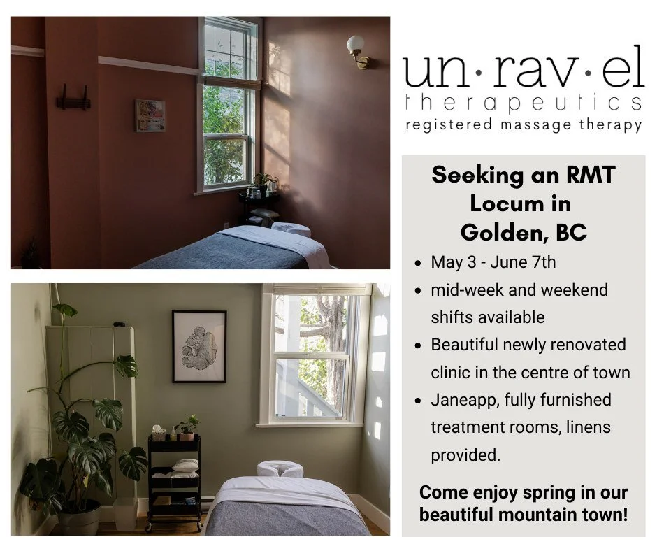 RMT Locum Opportunity &ndash; Busy Multidisciplinary Clinic 

May 3rd &ndash; June 7th | Spring Coverage

We&rsquo;re looking for a Registered Massage Therapist to join our team on a short-term locum this spring!

Available shifts:
&bull; Tuesdays &a
