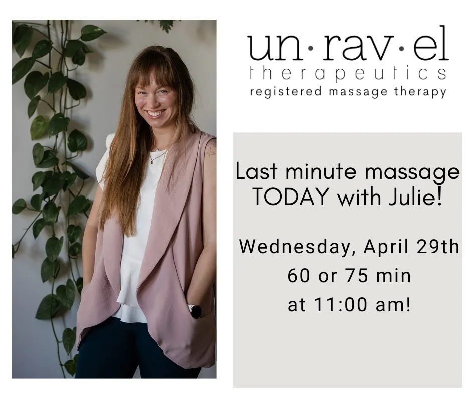 In need of a nurturing therapeutic massage today ?! Julie had a last minute opening - a very rare occurrence! 
TODAY - 60 or 75 mins at 11:00am. 
.
Book yourself in here:
https://unravel-therapeutics.janeapp.com/#/staff_member/53/treatment/34

@julie