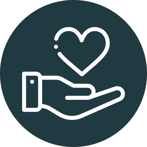 Outline of a hand holding a heart with sparkles around it inside a dark circle.