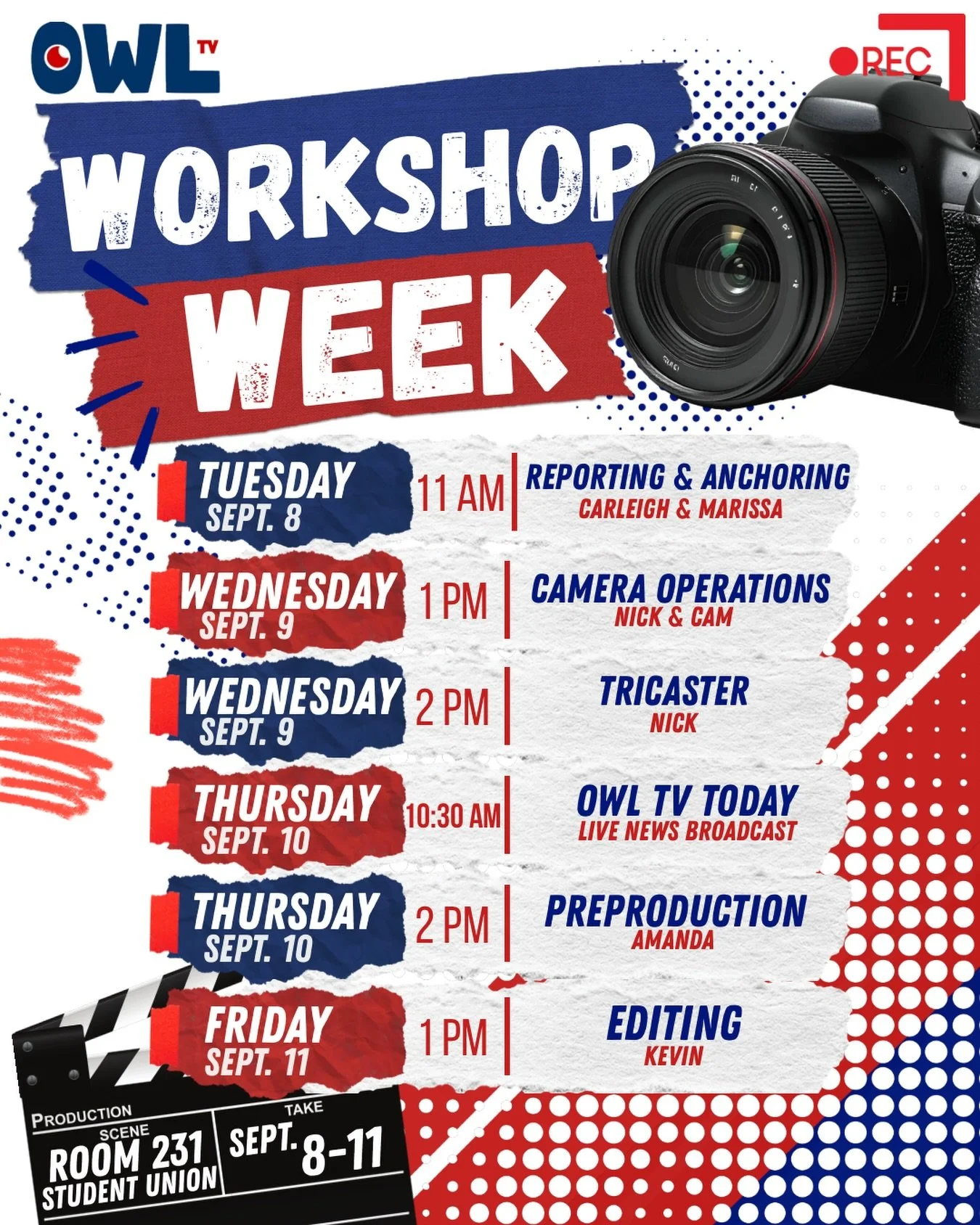 🎬 WORKSHOP WEEK IS HERE! 🦉📺

Ready to sharpen your skills and get behind the scenes at OwlTV? Join us September 8&ndash;11 for a week of hands-on workshops covering Reporting &amp; Anchoring, Camera Operations, TriCaster, Live Broadcasting, Prepro
