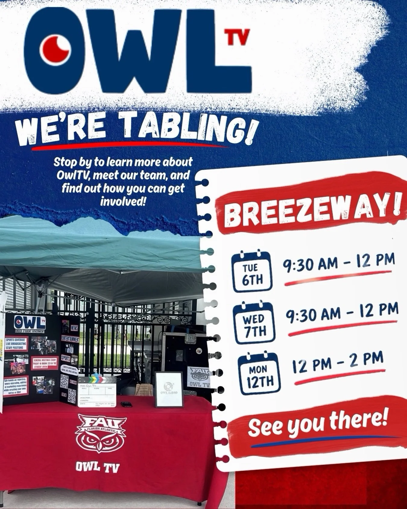 📣 OwlTV is tabling in the Breezeway! 🦉📺

Stop by, meet the team, learn more about OwlTV, and find out how you can get involved! 🎥🎙️

📍 Breezeway
📅 Tuesday, Oct. 6 | 9:30 AM&ndash;12 PM
📅 Wednesday, Oct. 7 | 9:30 AM&ndash;12 PM
📅 Monday, Oct.
