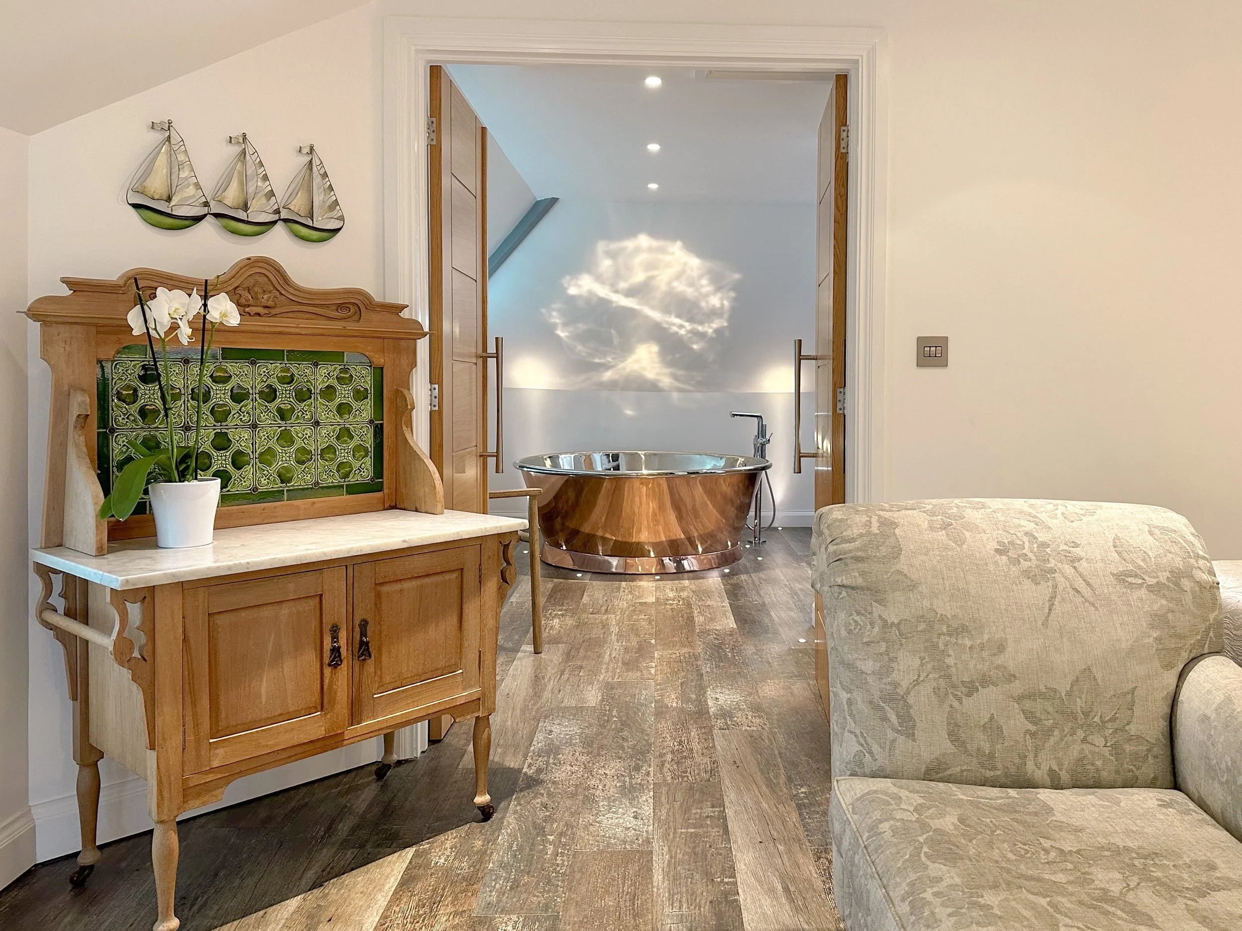 Skyfall first floor apartment with double doors leading to copper air-spa bath