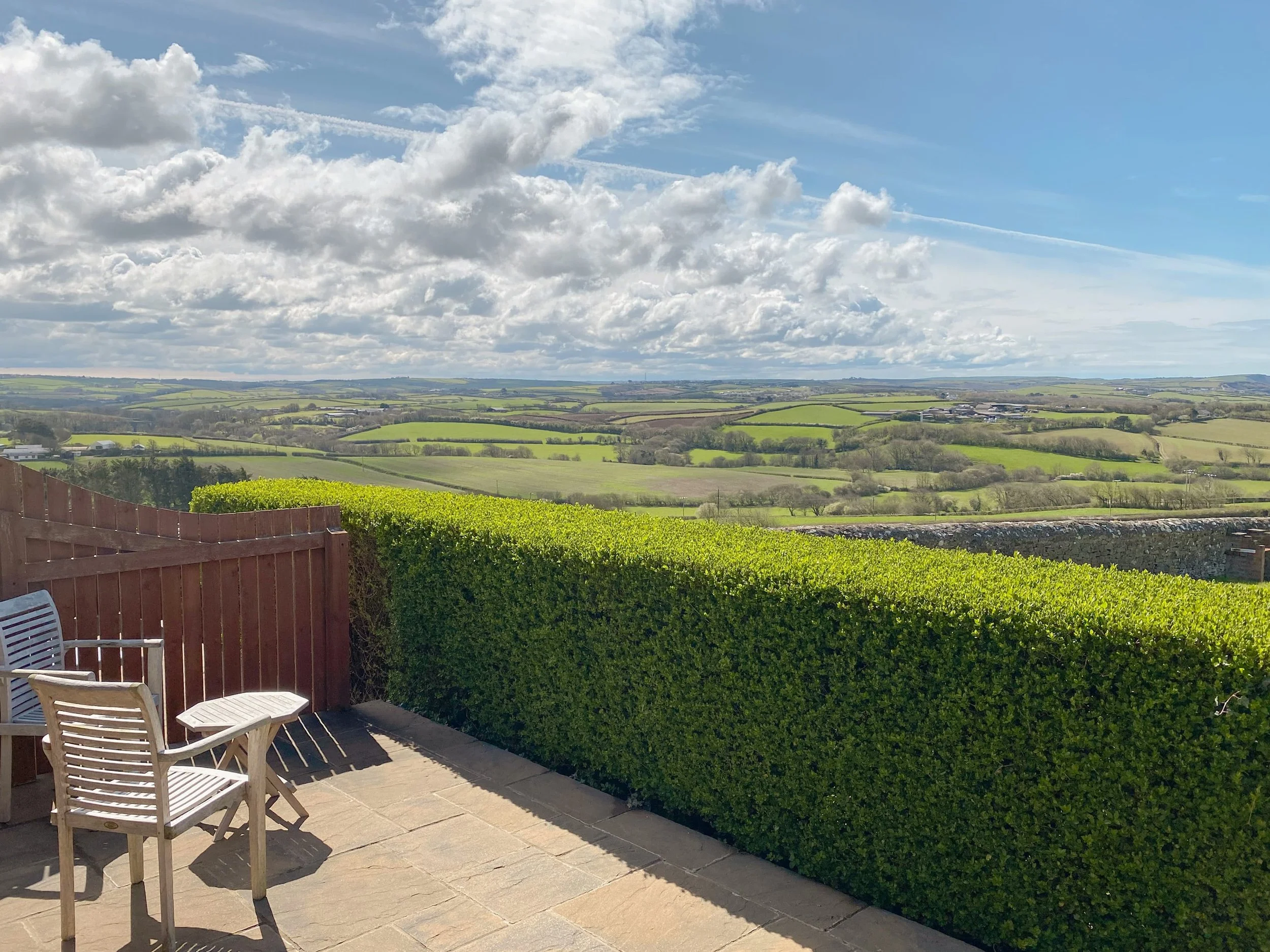 Patio area with Cornish countryside views