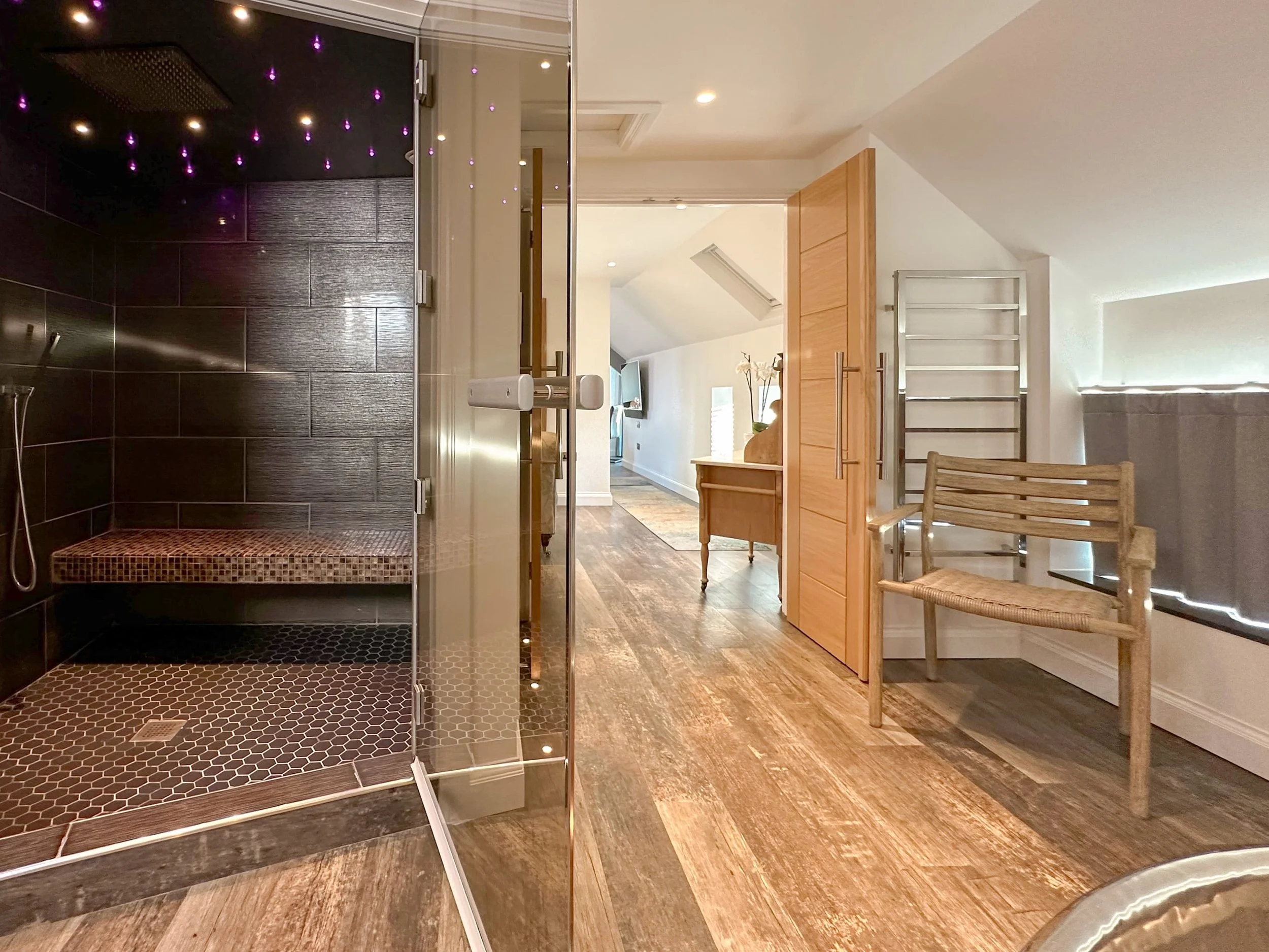 Steam room with coloured star lighting