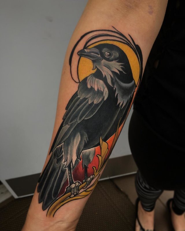 Crow done at inkologyartgallery Swipe for the video  Thanks a lot Jeremy   revolutionneedles   Neo traditional tattoo Crow tattoo Crow  tattoo design