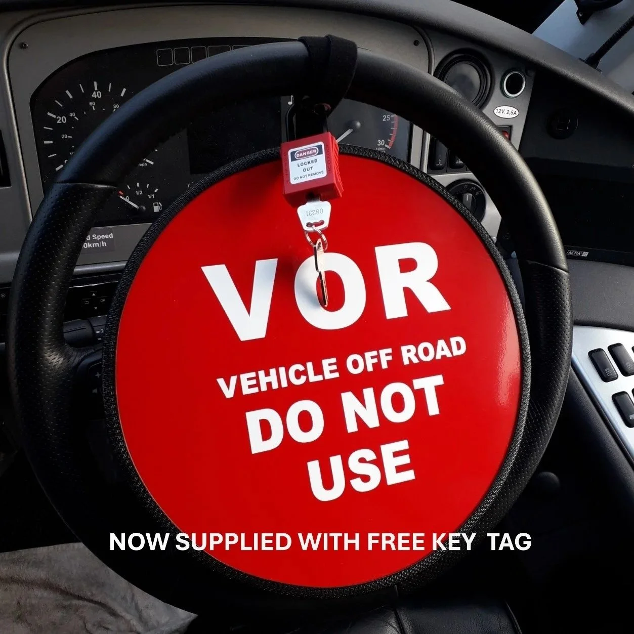 VOR 35cm diameter safety steering wheel disc with padlock option shown.