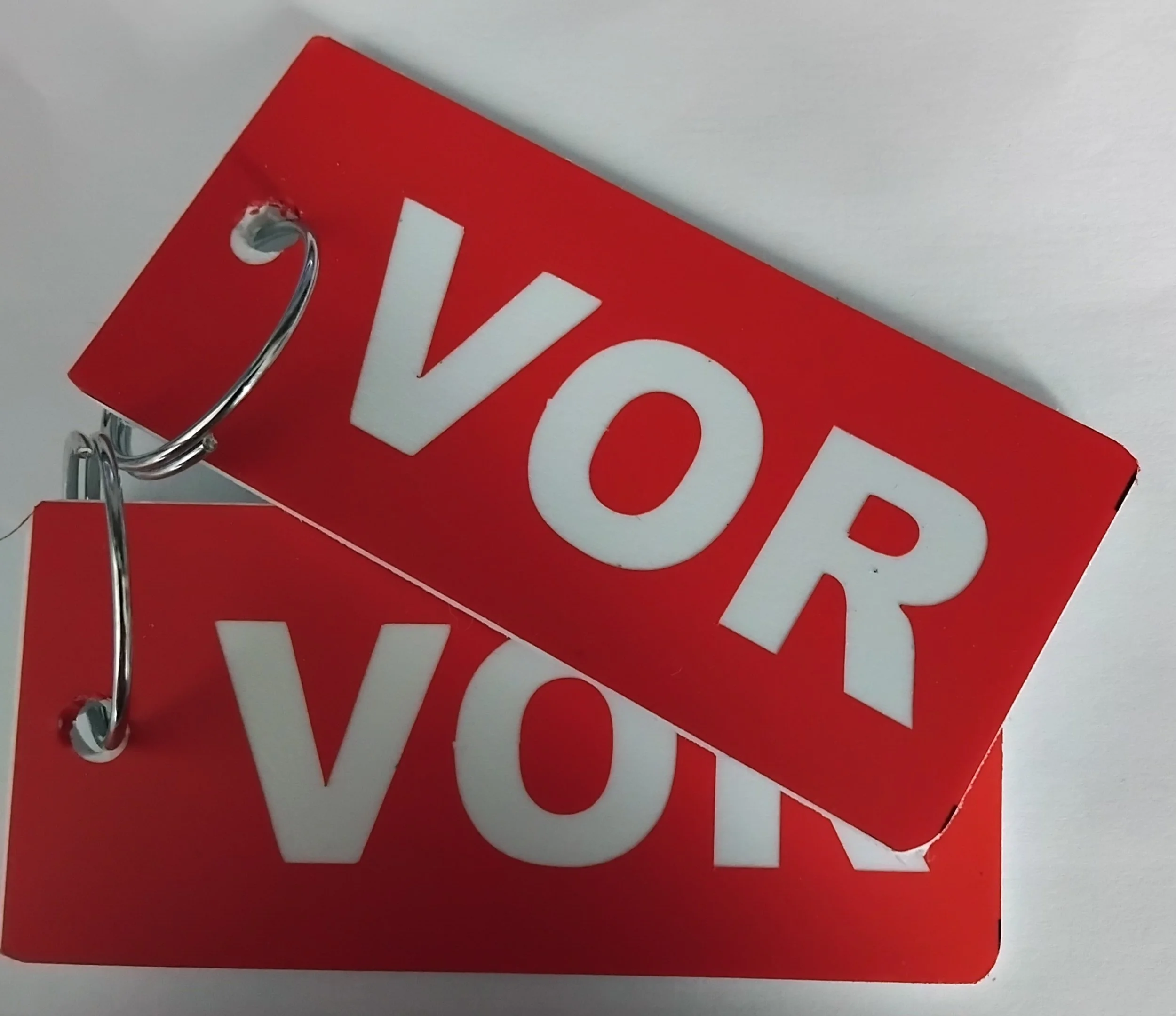 Double sided VOR key tags. Easy to view when applied to key safe cabinet or board.
