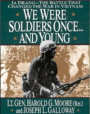 The image of Rescorla advancing with bayonet was used as the cover of We Were Soldiers Once.. And Young