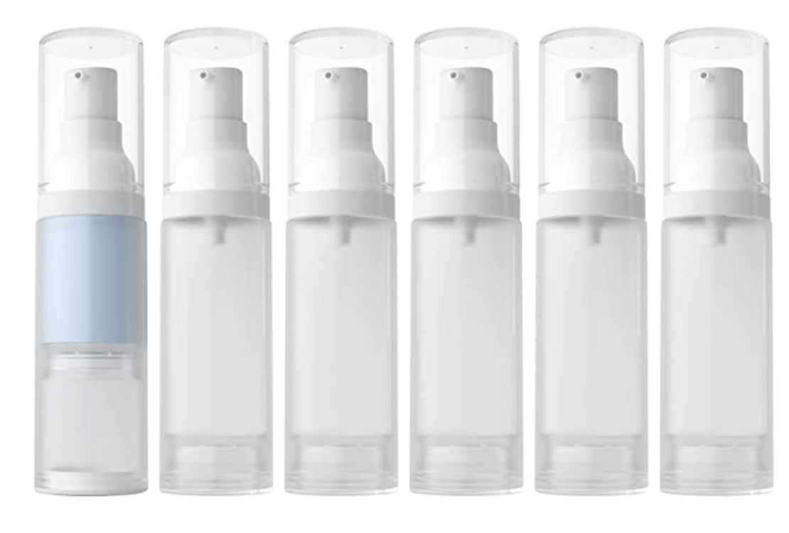 1-oz cream pump airless travel bottles (I use for face cream, hair serum, etc)
