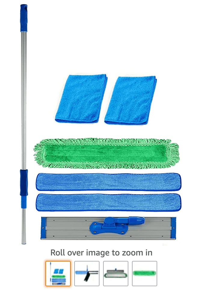 This mop I found on Amazon.com is 3 ft wide so it takes care of a lot of space very quickly. Because it's microfiber, I can clean all my hard floors with just this + water
