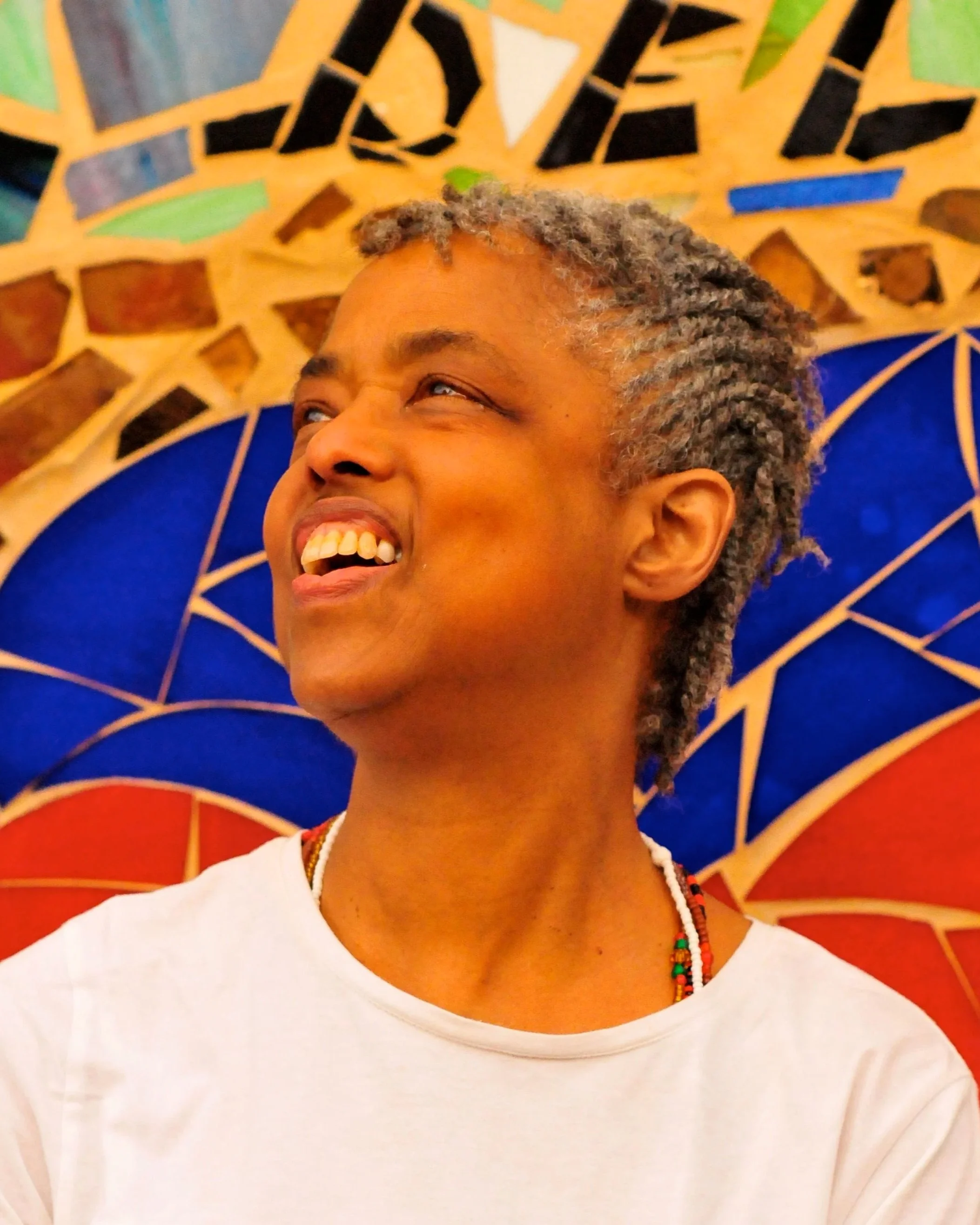 A person with short, gray dreadlocks, smiling and looking slightly upward, standing in front of a colorful, abstract background.