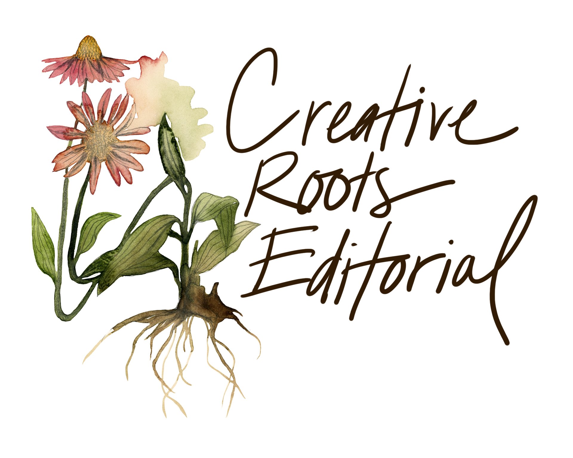 Illustration of a plant with roots, flowers, and leaves, alongside the text "Creative Roots Editorial" in cursive script.