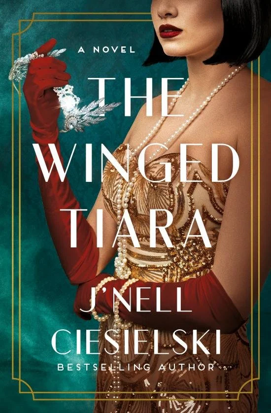 Book cover of 'The Winged Tiara' by Tiara J. Nell, featuring a woman wearing a gold and brown dress, red gloves, pearl necklace, and holding a decorative feathered fan.