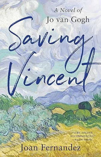 Book cover for 'Saving Vincent' by Joan Fernandez, featuring an impressionist landscape painting with trees, grass, and clouds.