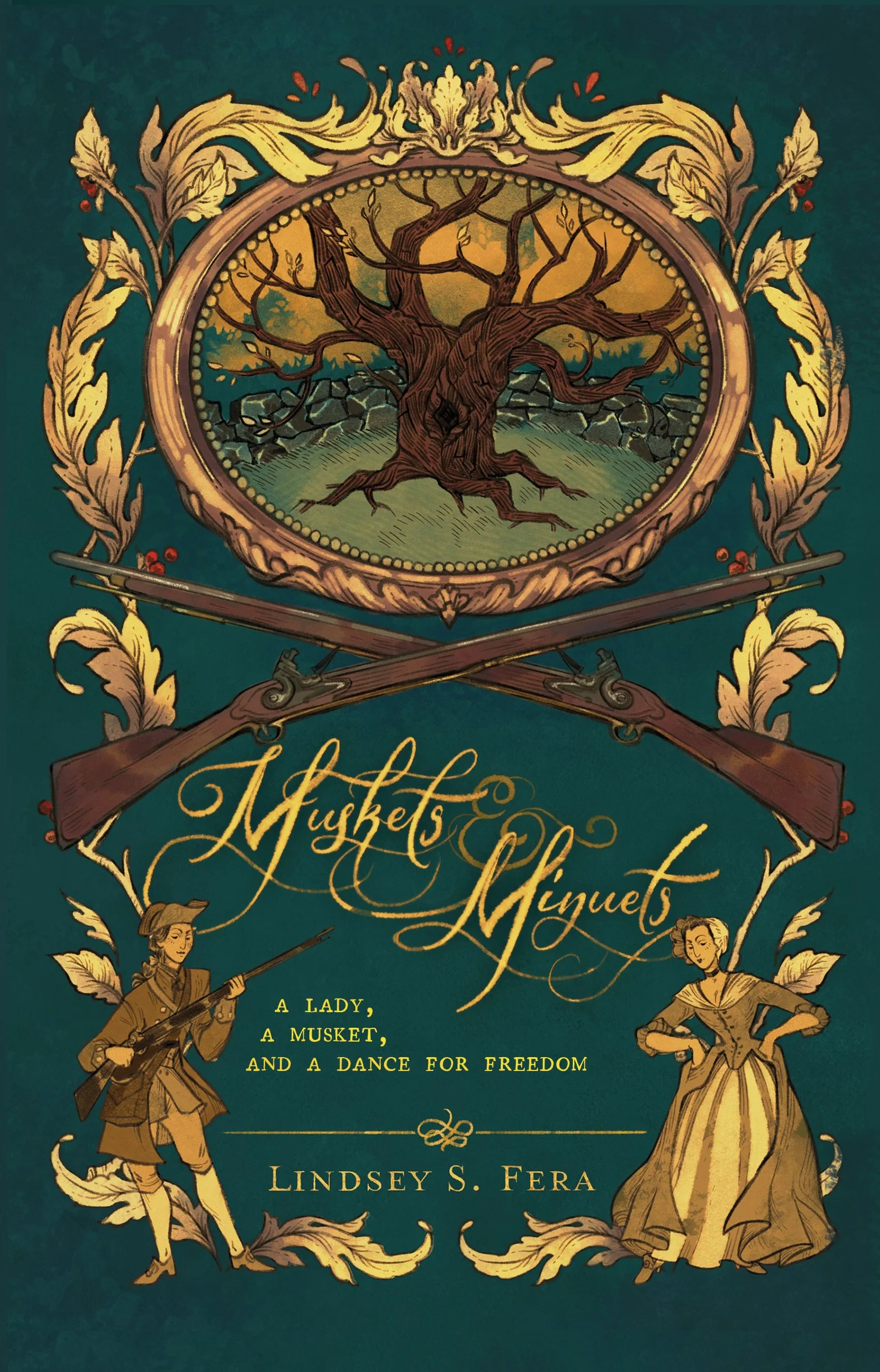 Book cover titled "Muskets & Minuets" by Lindsey S. Fera, featuring vintage illustrations of a man with a musket and a woman in 18th-century dress, with a central image of a tree within an ornamental frame and crossed muskets.