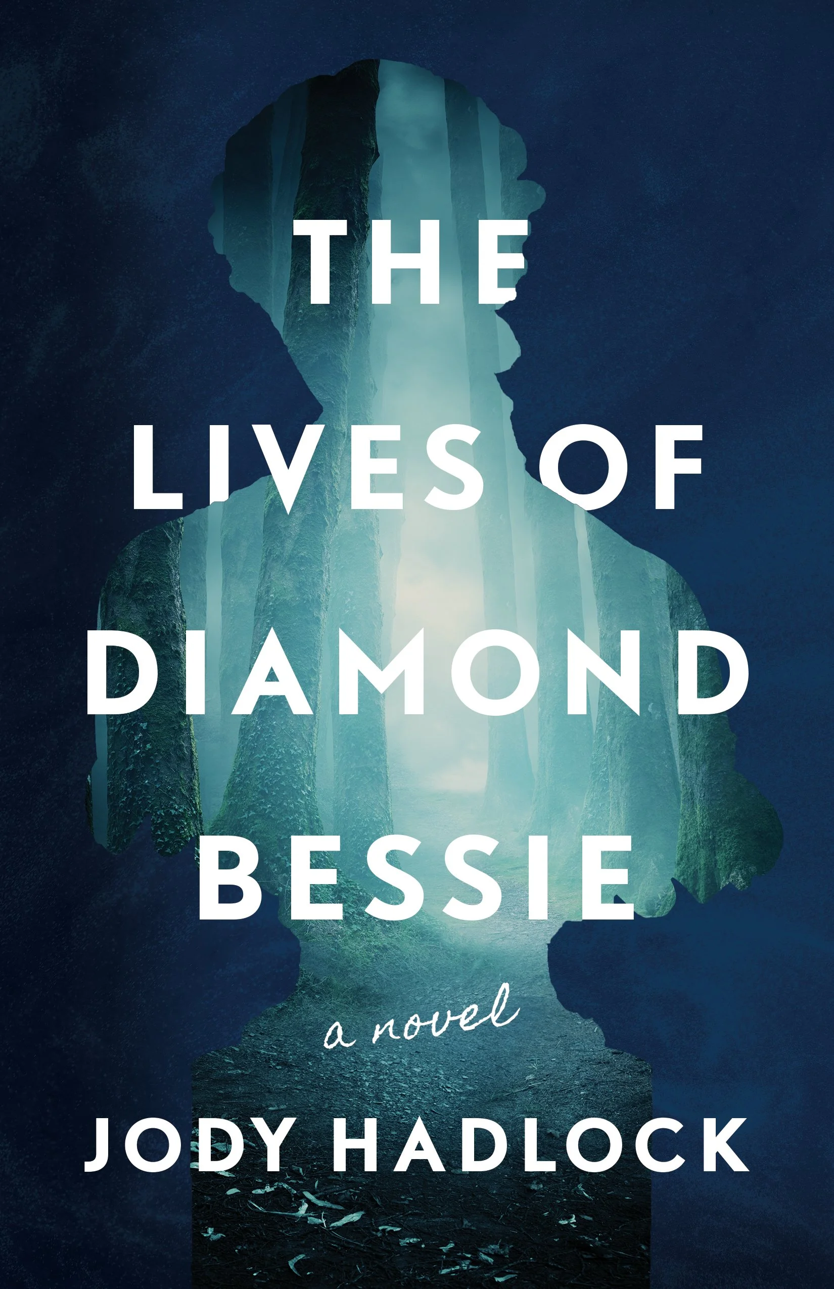 Book cover for 'The Lives of Diamond Bessie' by Jody Hadlock. The cover features a silhouette of a person with a waterfall and rocky landscape within the silhouette, set against a dark sky.