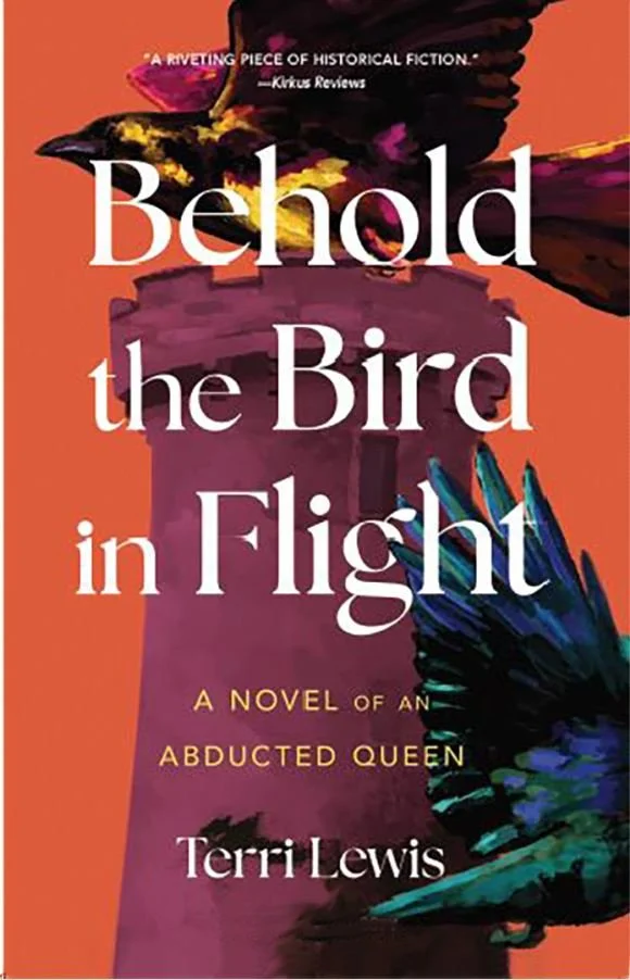 Book cover titled 'Behold the Bird in Flight' by Terri Lewis, featuring an abstract illustration of a colorful bird in flight against a warm-colored background.