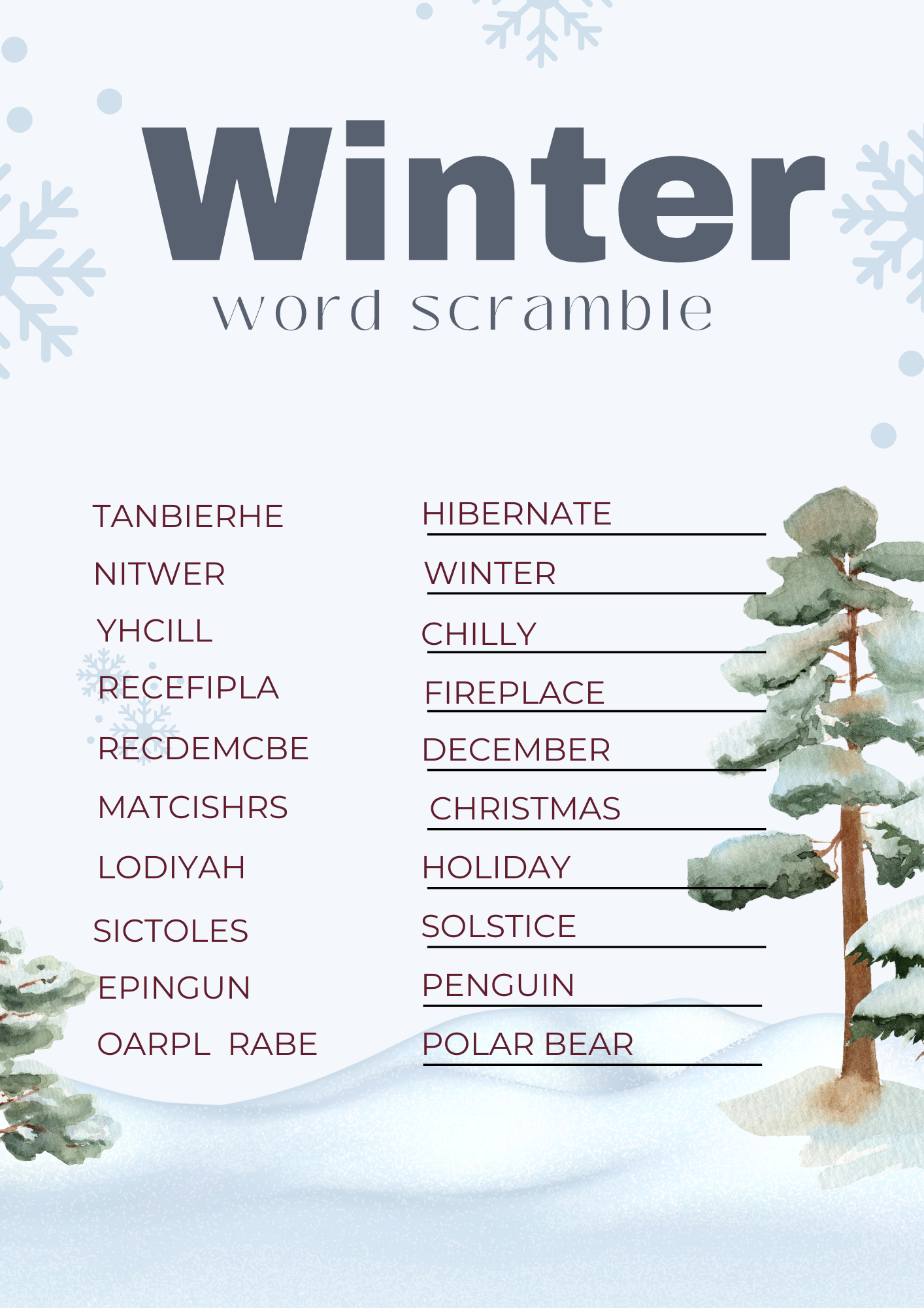Free Printable Winter Word Scramble Kids Game Xoxoerinsmith Free Printable Winter Word Scramble Kids Game Xoxoerinsmith