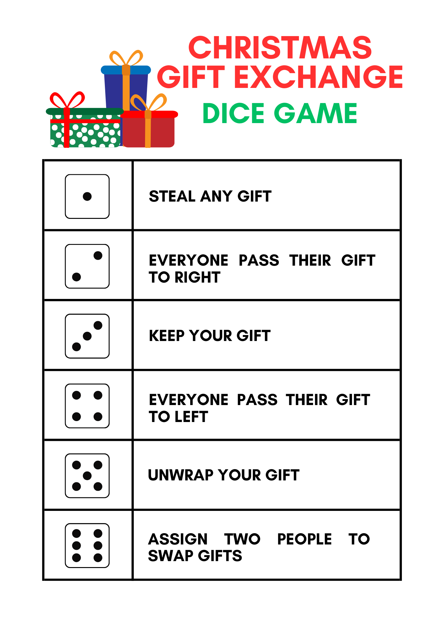 Roll the Dice Holiday Gift Exchange Game Christmas Printable 