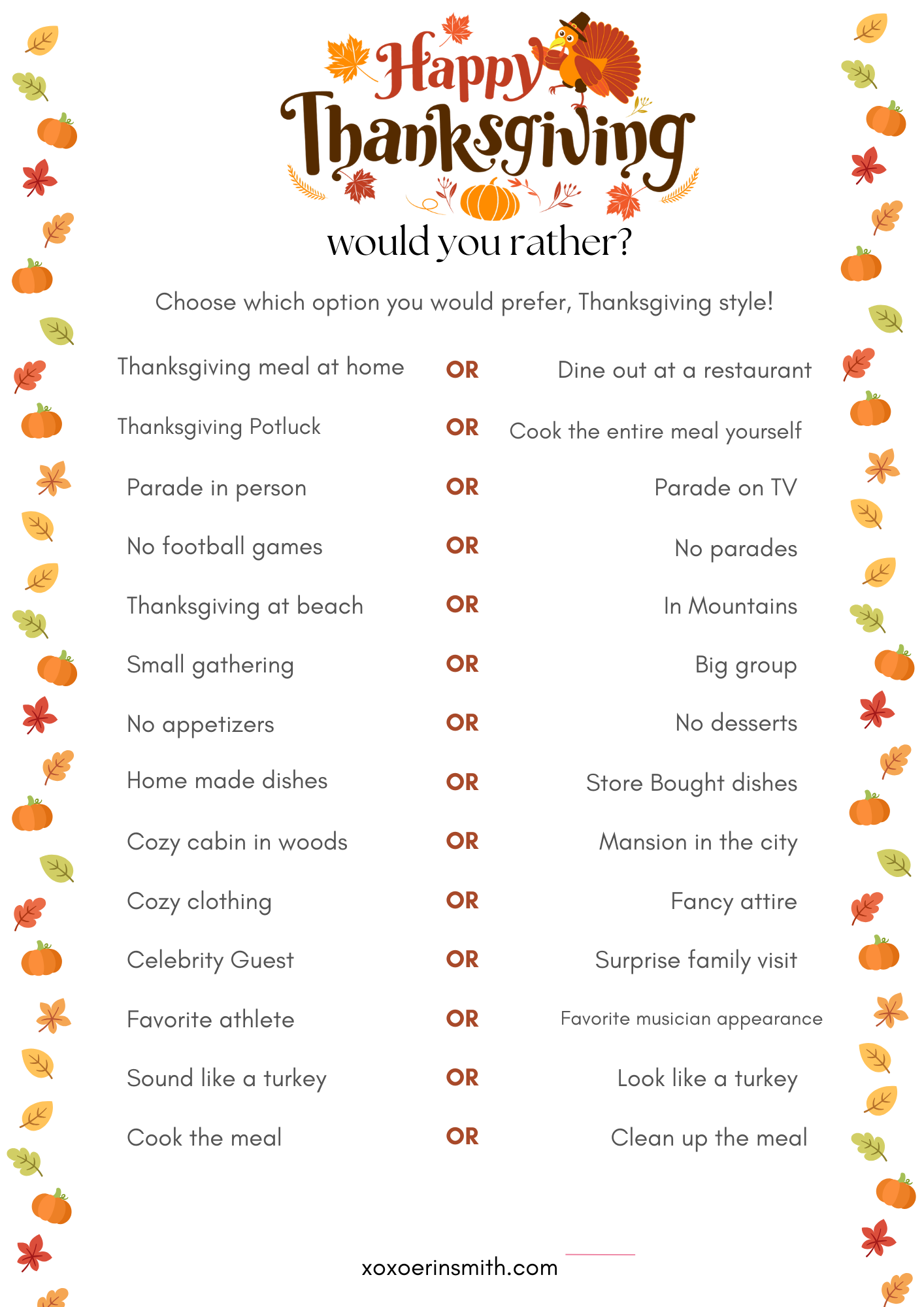 24 Thanksgiving Would You Rather Questions - Days With Grey