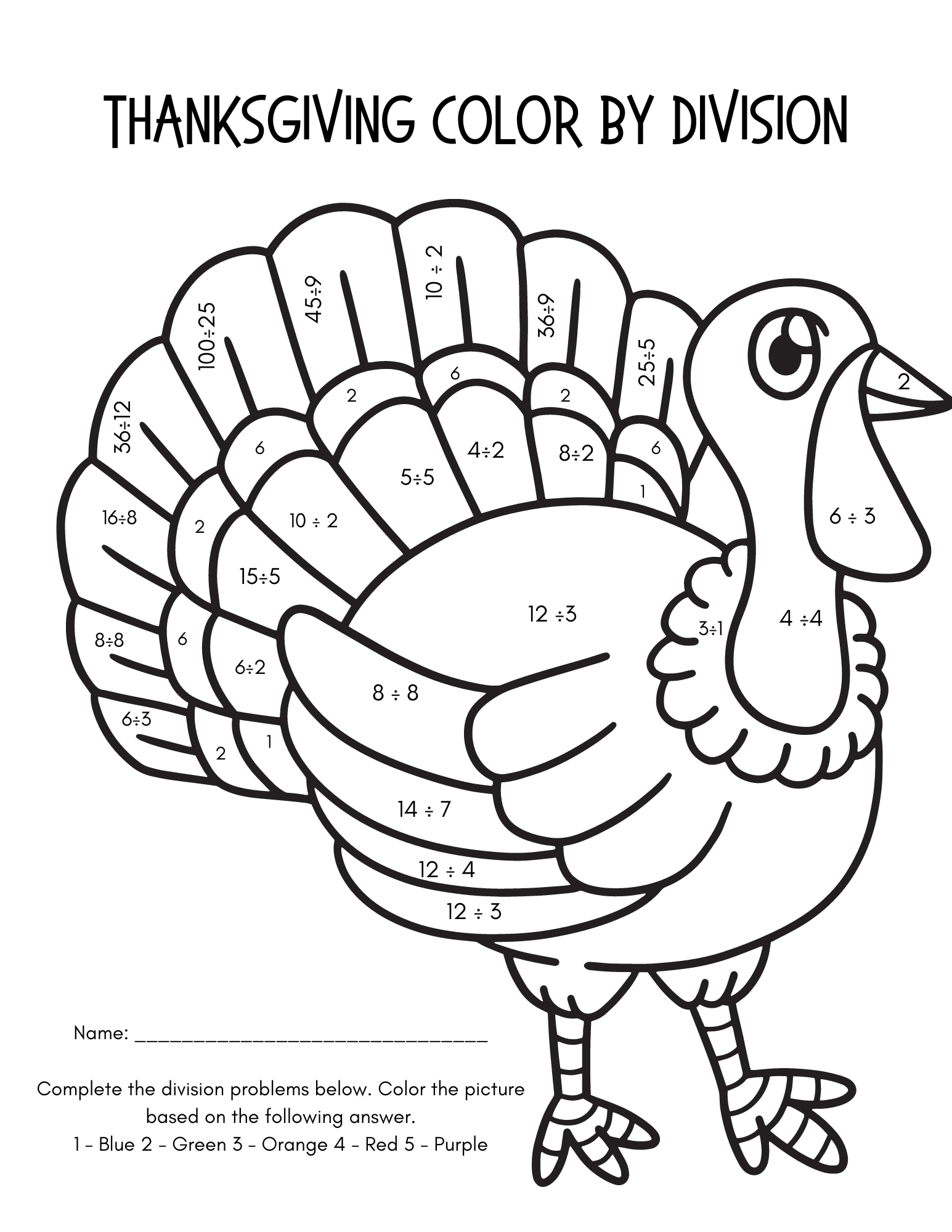 Color by Division Thanksgiving Free Math Worksheets — xoxoerinsmith.com