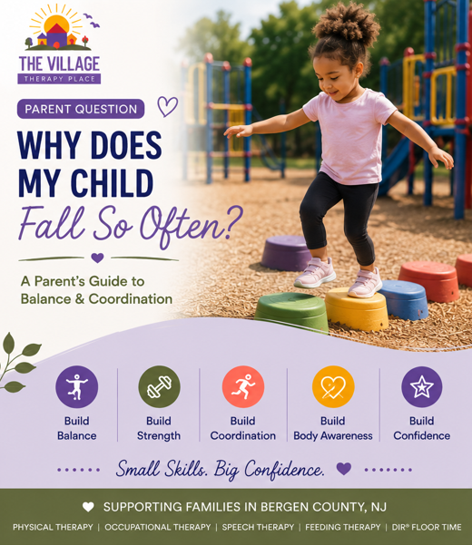 Child practicing balance and coordination during active play. Learn about frequent falls and gross motor development from The Village Therapy Place in Bergen County, NJ.