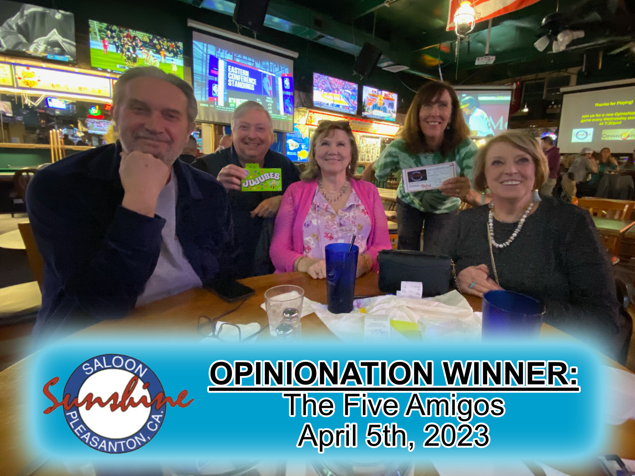 Congratulations to our Opinionation trivia winners, &quot;Blood, Sweat, and Beers&quot;! Sponsored by Jujubes? 🤔

Join us Wednesday evenings for your shot to win opinionation trivia at #Sunshinesaloon!