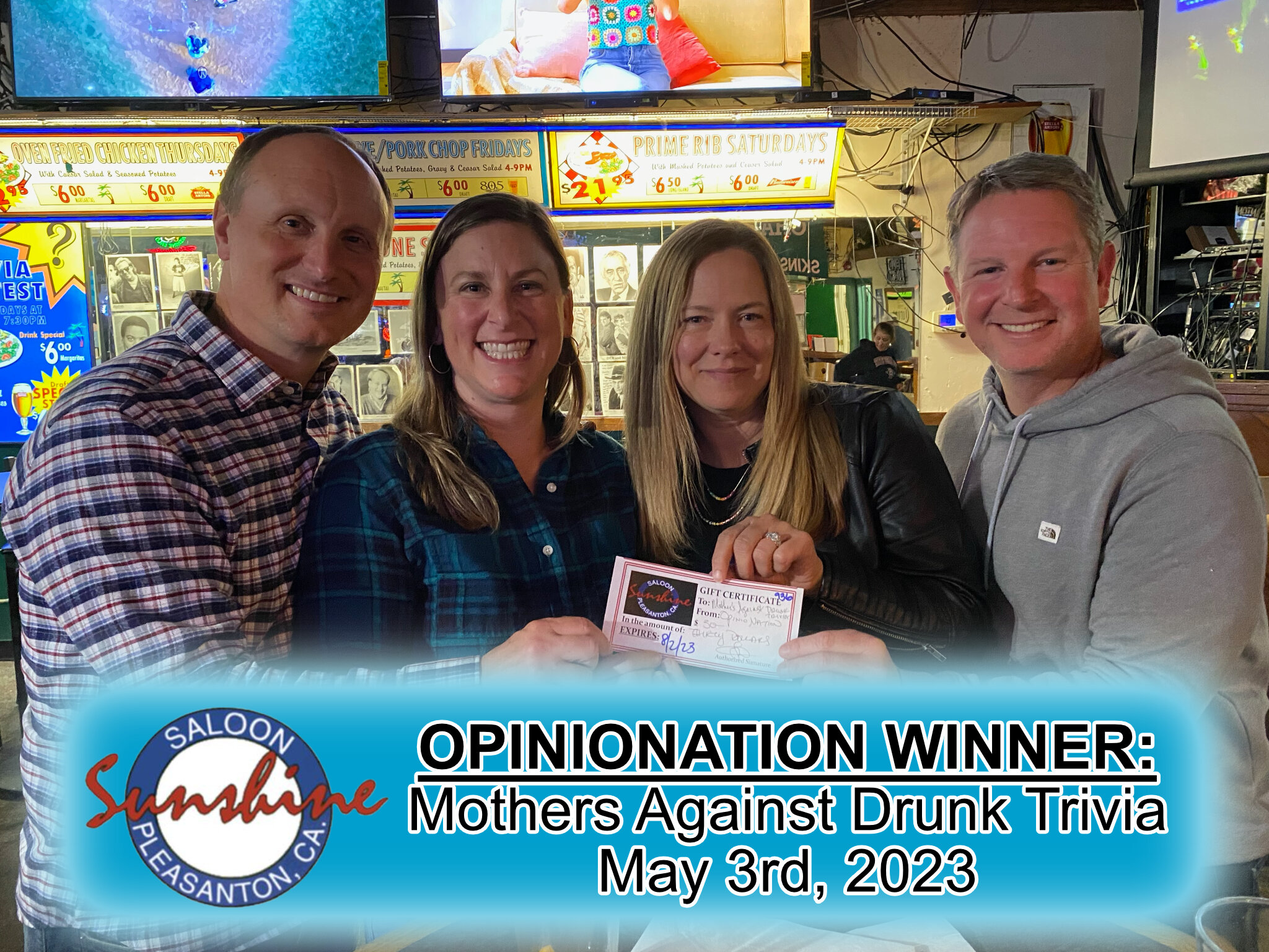 Congratulations to our May winners for Opinionation Trivia!

Join us Wednesday evenings for your chance to win a gift certificate and a spot on the hall of fame here at #SunshineSaloon!