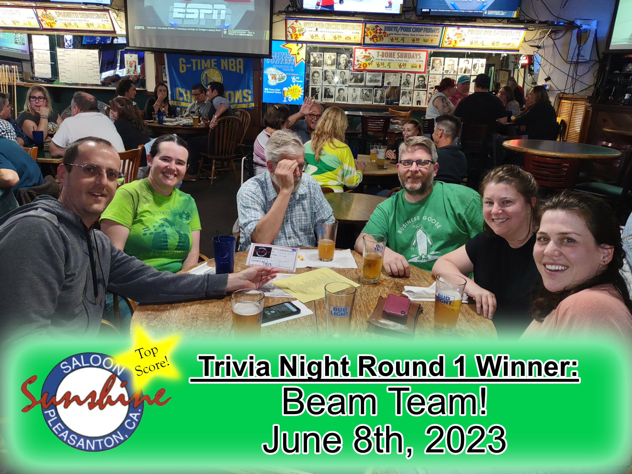 Congratulations to &quot;Beam Team&quot; for winning top score at last weeks Thursday Trivia night!

Join us every Thursday for multiple rounds of general trivia at #Sunshinesaloon. Multiple rounds, multiple chances to win and make it to the hall of 
