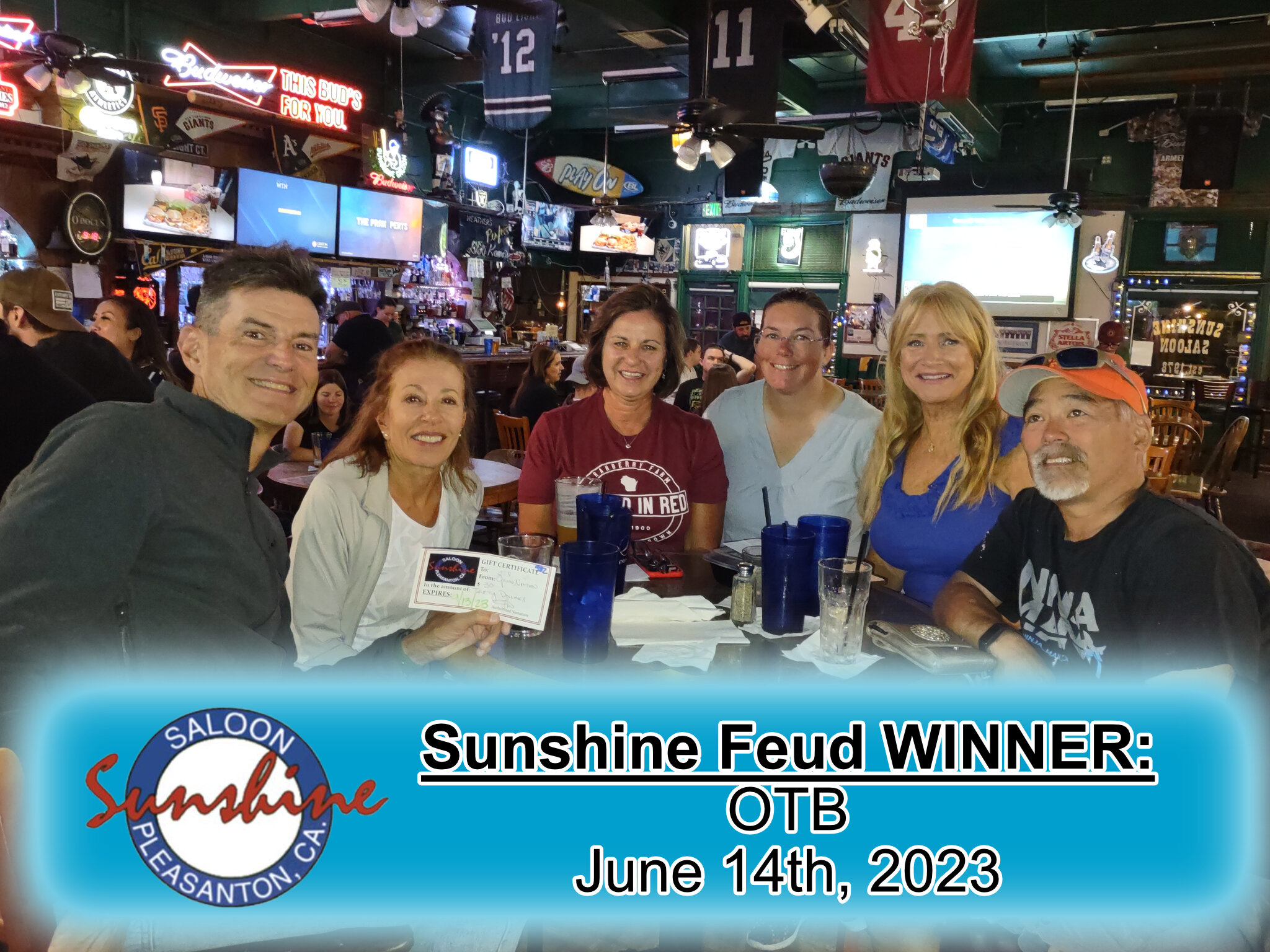 Congratulations to our Sunshine Feud trivia winners last Wednesday: OTB!

Come out Wednesday nights for your chance to win our family feud style trivia night here at #Sunshinesaloon!