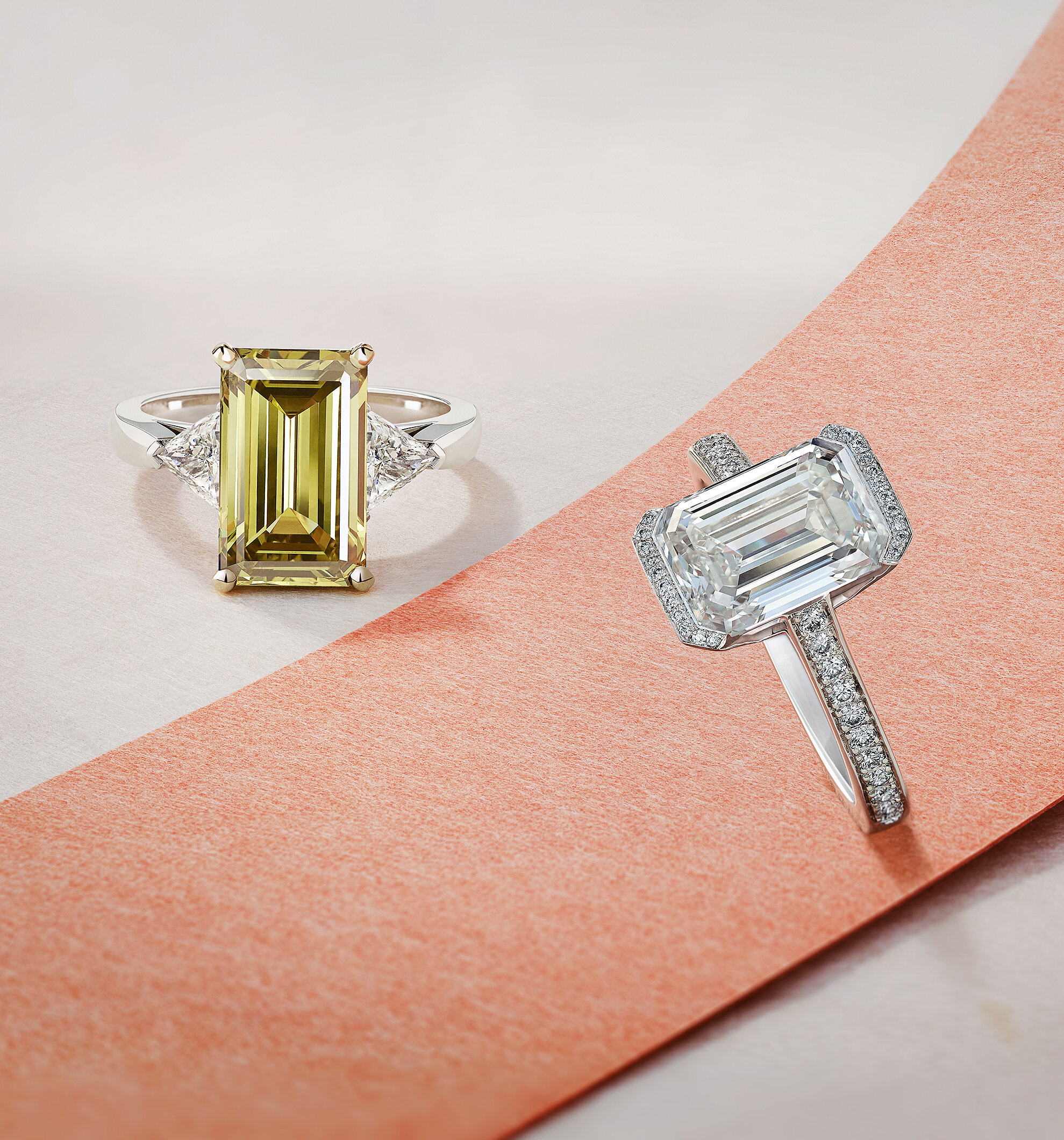  Emerald diamond engagement rings shot for De Beers 