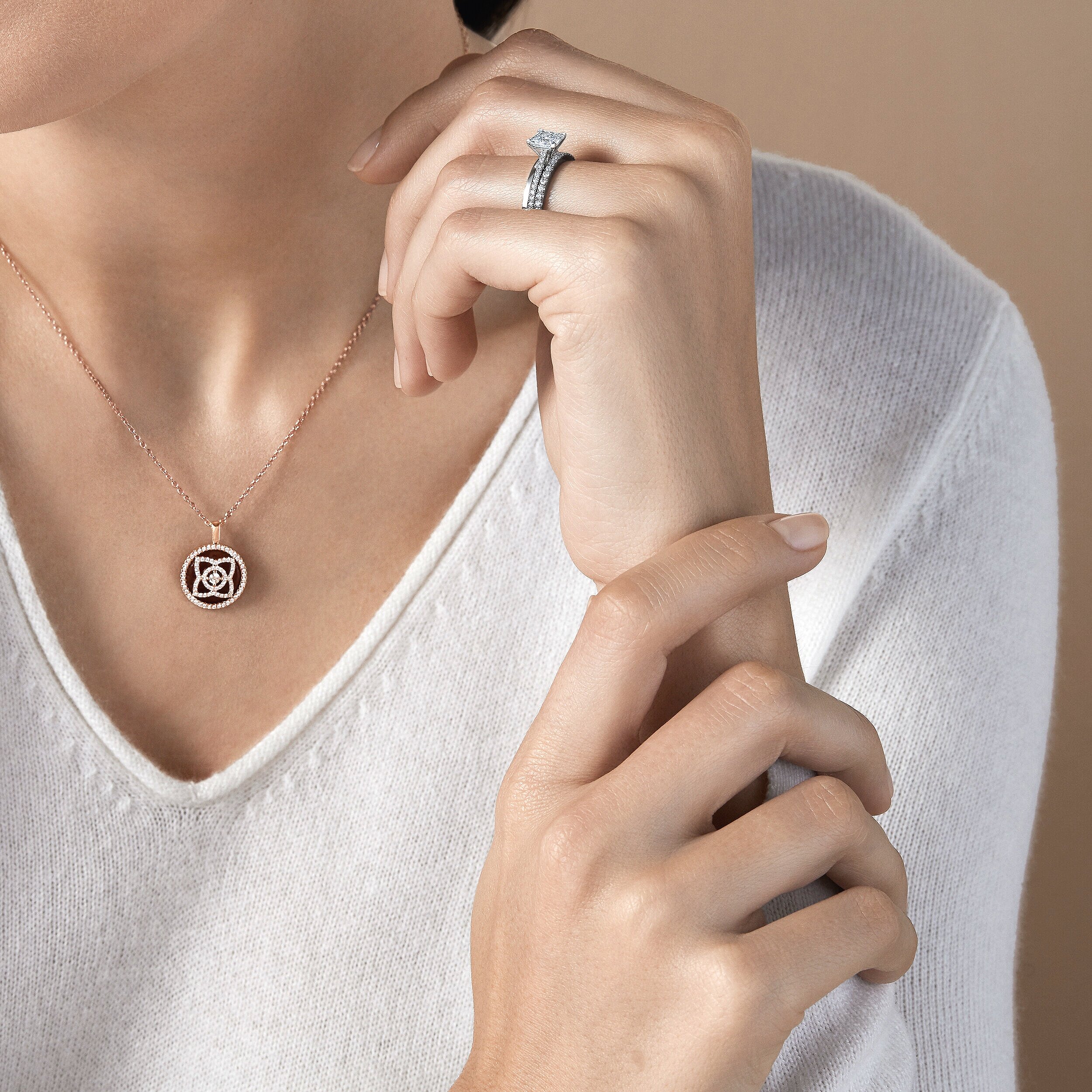  Diamond pendant shot on a model for De Beers Diamond Jewellers 