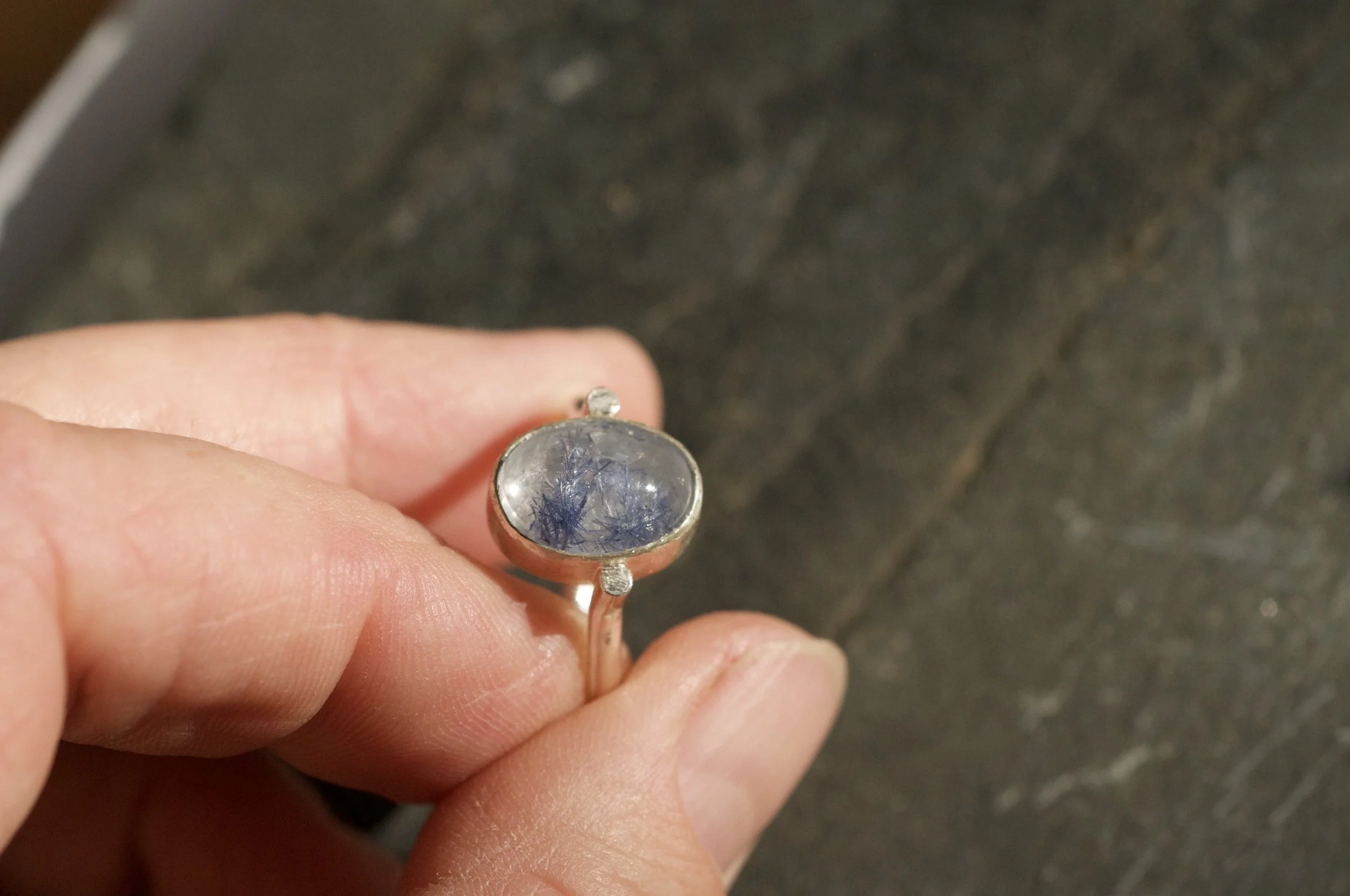 Dumortierite in quartz ring