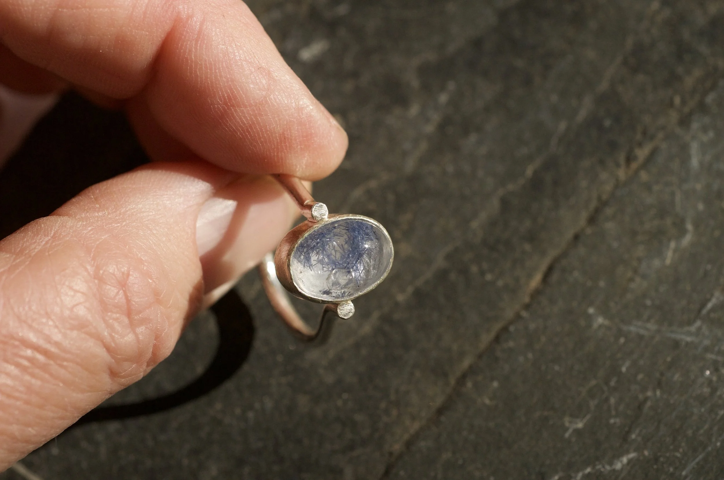 Dumortierite in quartz ring