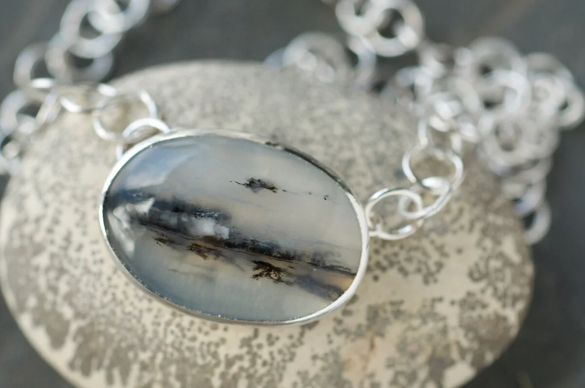 Oval dendritic quartz on silver chain detail 2.jpg